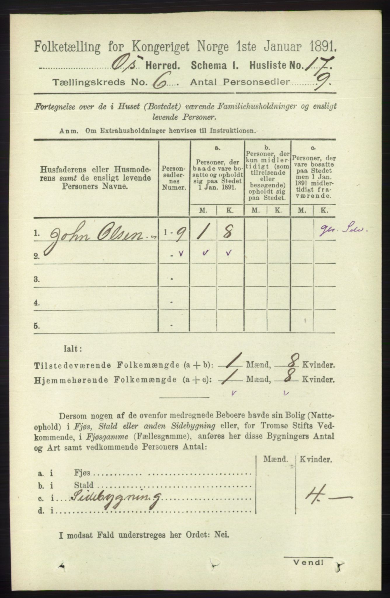 RA, 1891 census for 1243 Os, 1891, p. 1421