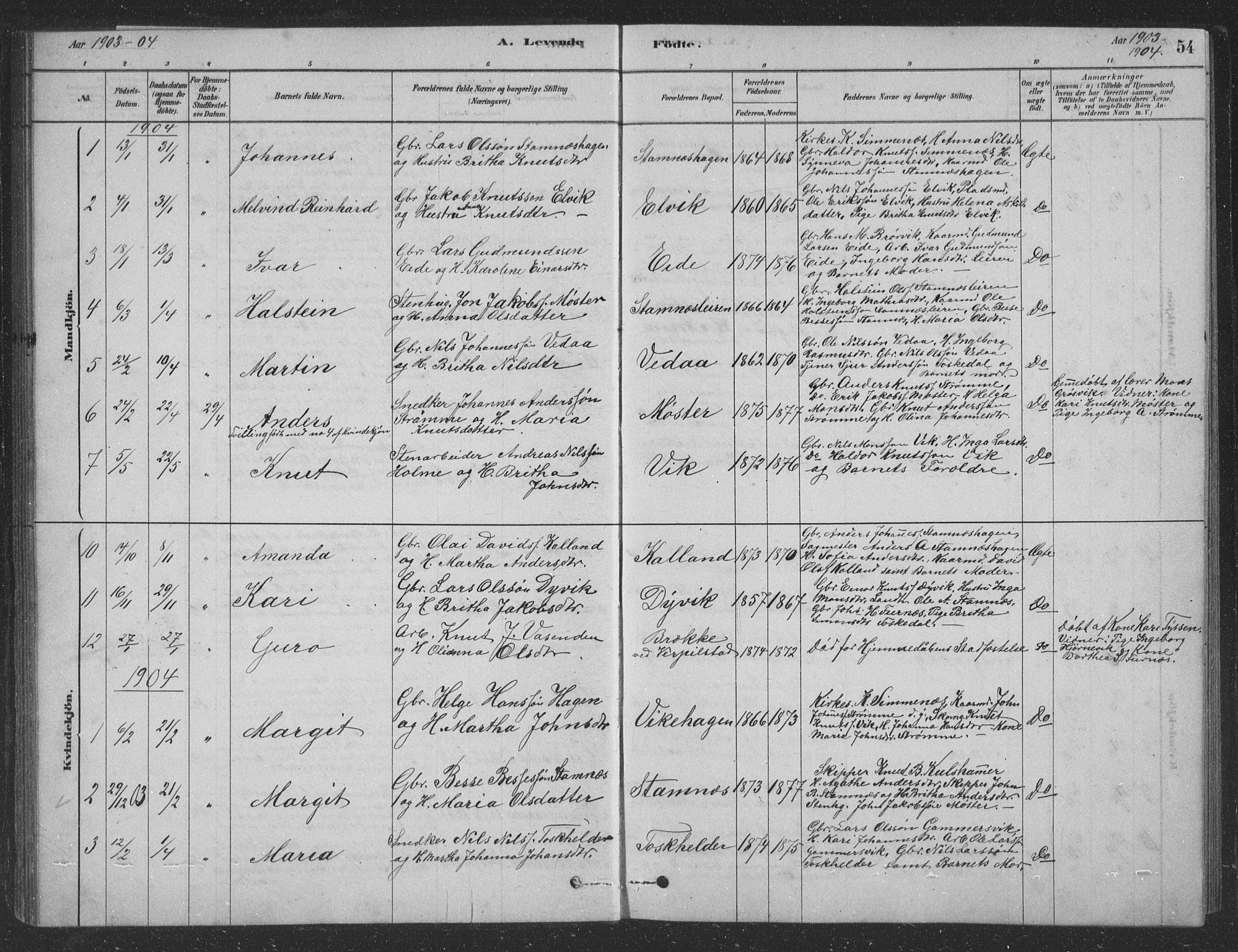 Vaksdal Sokneprestembete, SAB/A-78901/H/Hab: Parish register (copy) no. D 1, 1878-1939, p. 54