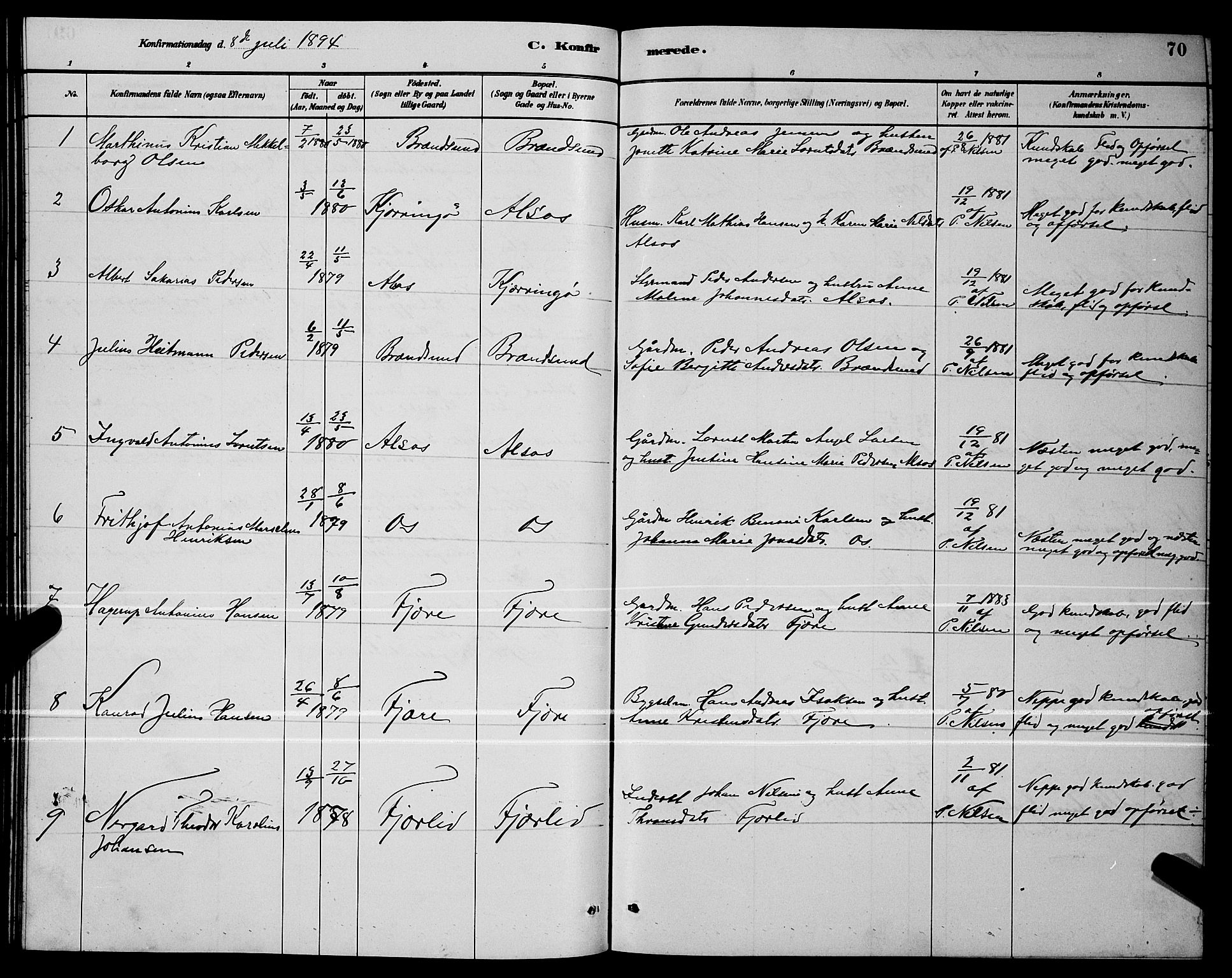 Ministerialprotokoller, klokkerbøker og fødselsregistre - Nordland, AV/SAT-A-1459/803/L0076: Parish register (copy) no. 803C03, 1882-1897, p. 70