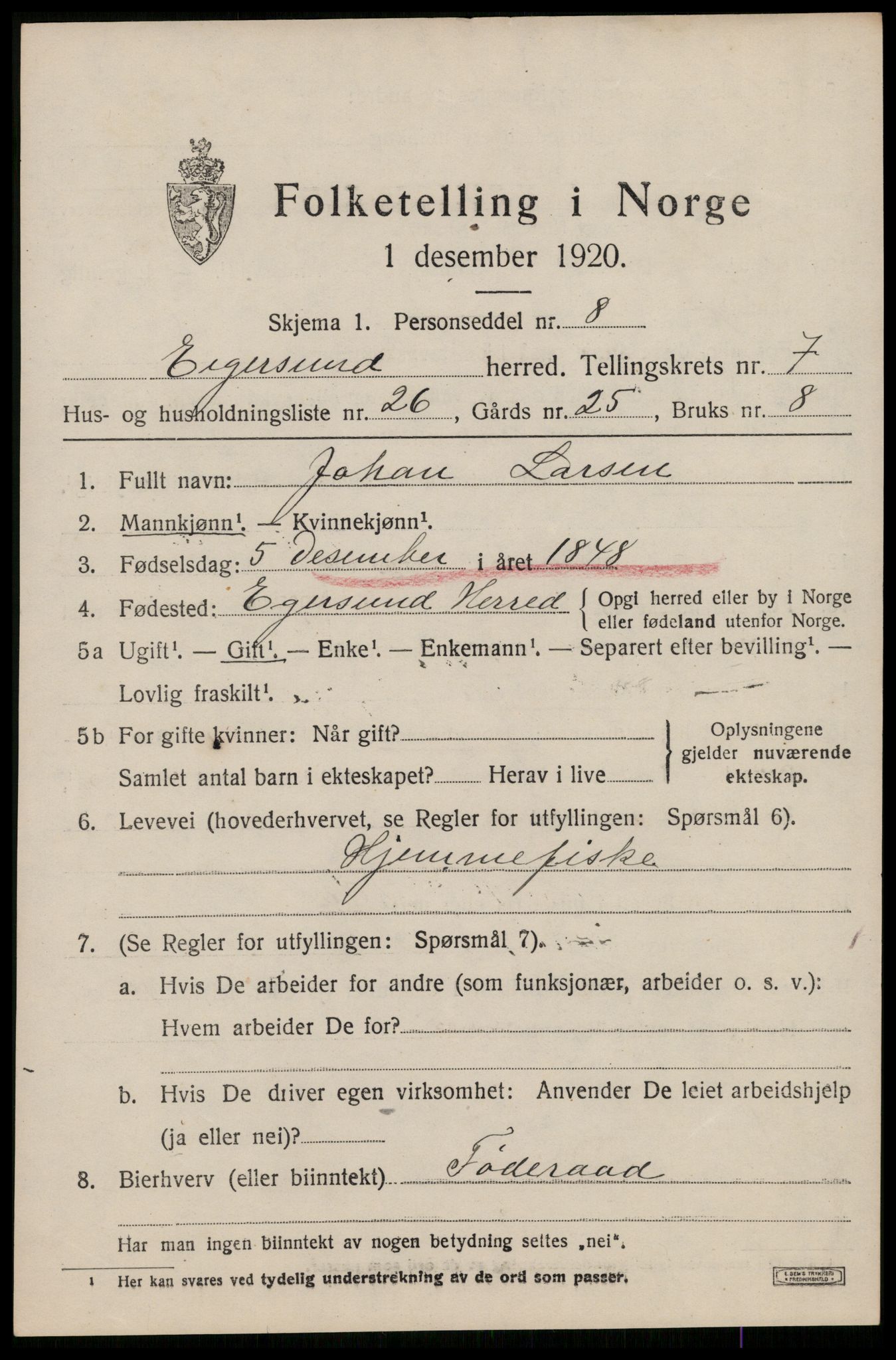 SAST, 1920 census for Eigersund, 1920, p. 4989