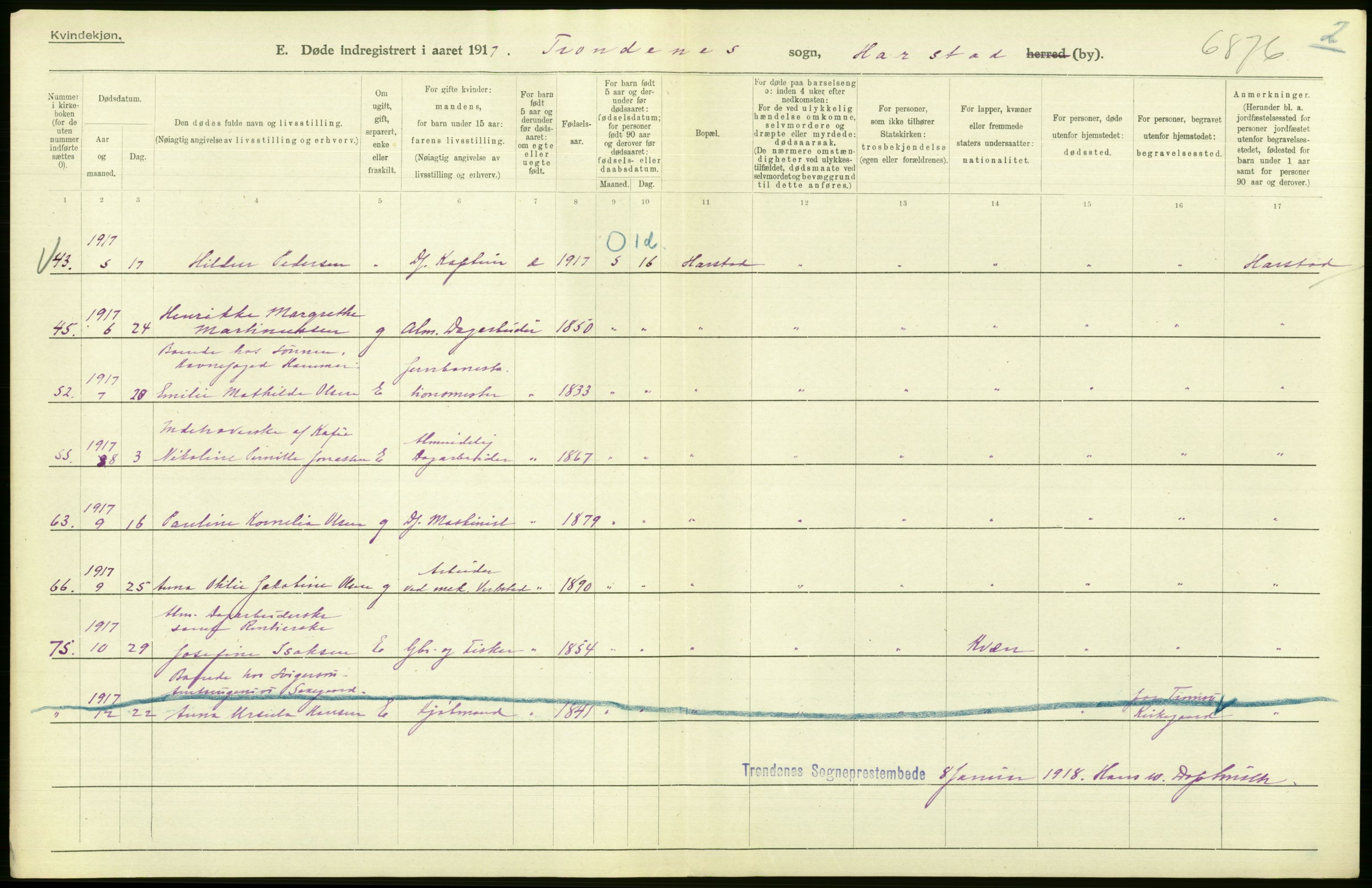 Statistisk sentralbyrå, Sosiodemografiske emner, Befolkning, AV/RA-S-2228/D/Df/Dfb/Dfbg/L0054: Tromsø amt: Gifte, døde, dødfødte. Bygder og byer., 1917, p. 88