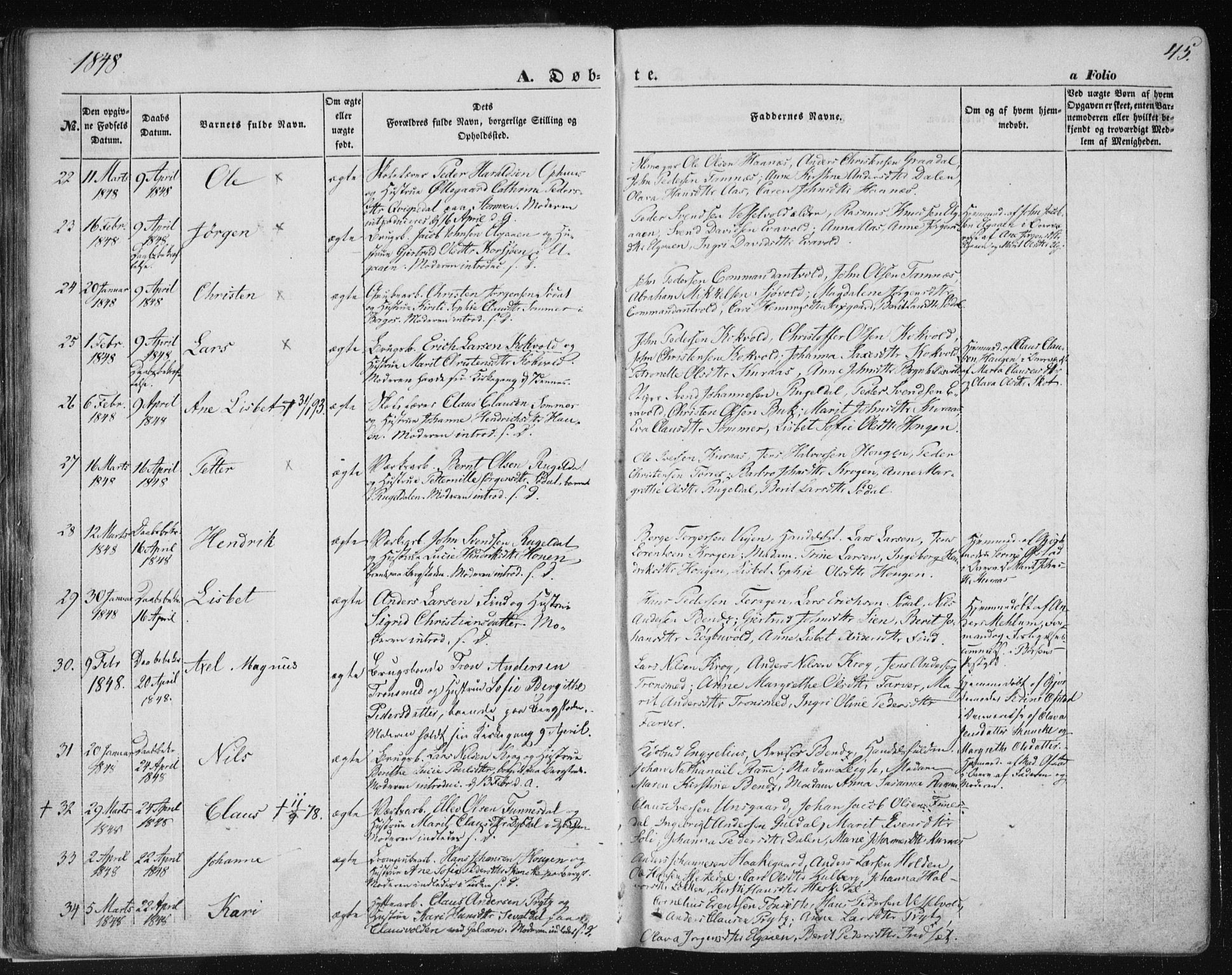Ministerialprotokoller, klokkerbøker og fødselsregistre - Sør-Trøndelag, SAT/A-1456/681/L0931: Parish register (official) no. 681A09, 1845-1859, p. 45