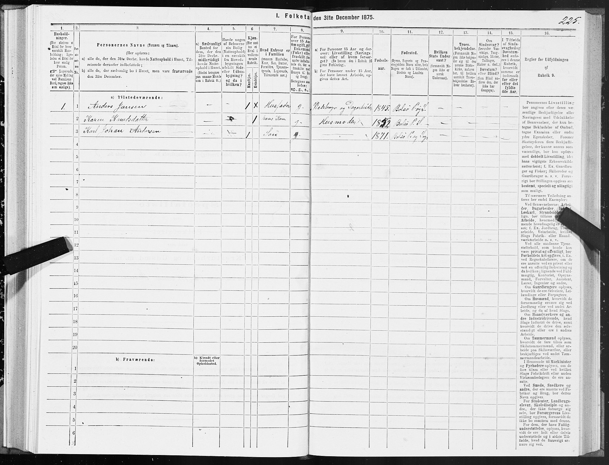 SAT, 1875 census for 1544P Bolsøy, 1875, p. 2225