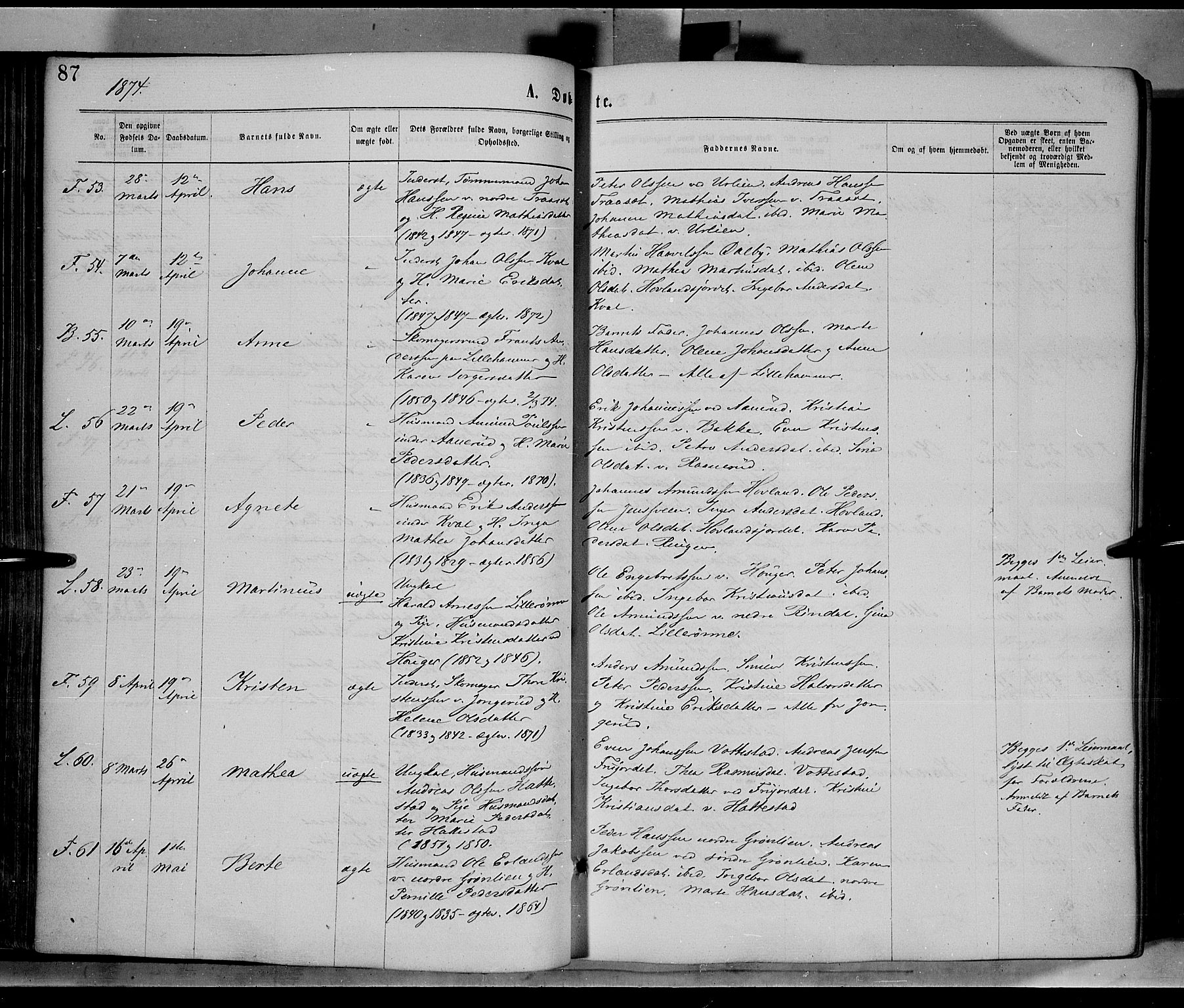 Fåberg prestekontor, AV/SAH-PREST-086/H/Ha/Haa/L0007: Parish register (official) no. 7, 1868-1878, p. 87