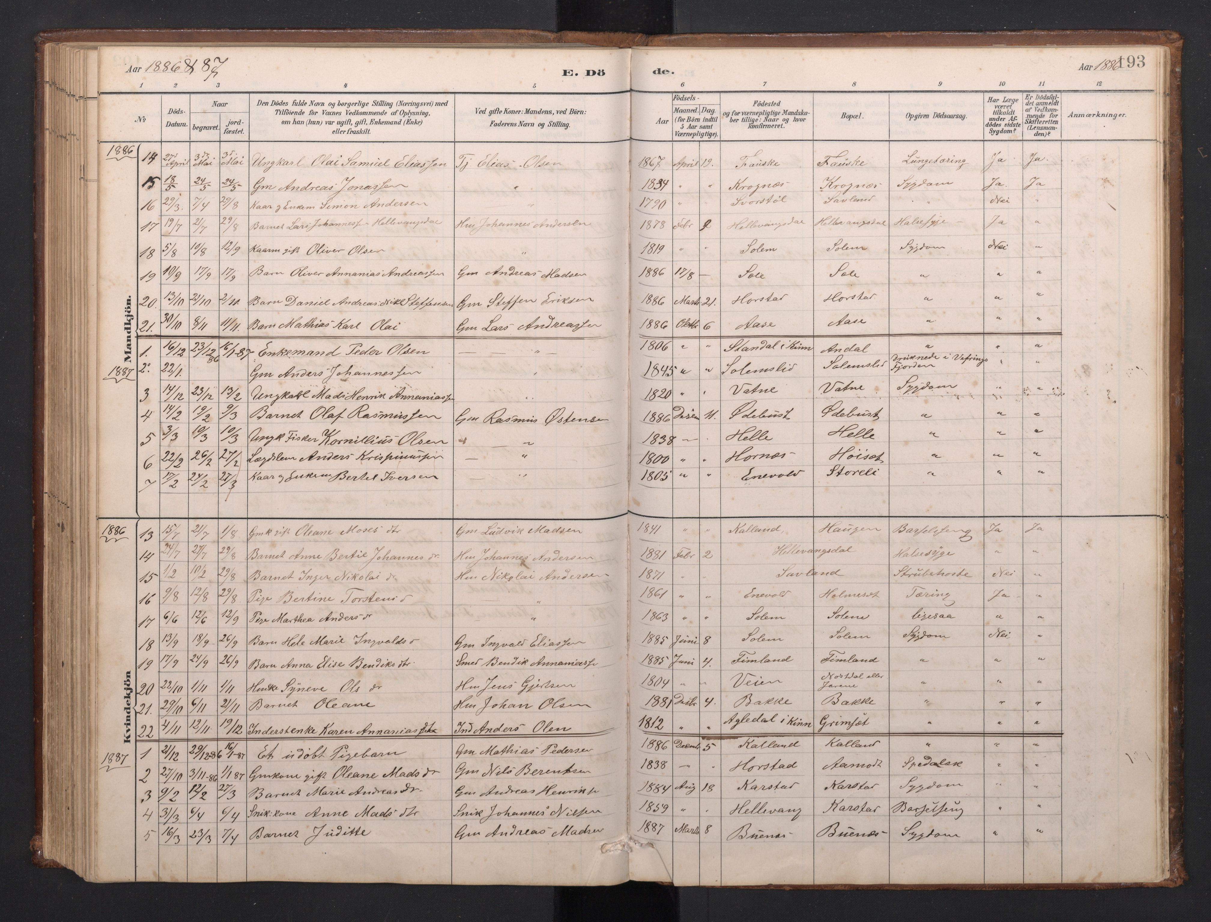 Førde sokneprestembete, SAB/A-79901/H/Hab/Habd/L0003: Parish register (copy) no. D 3, 1881-1897, p. 192b-193a
