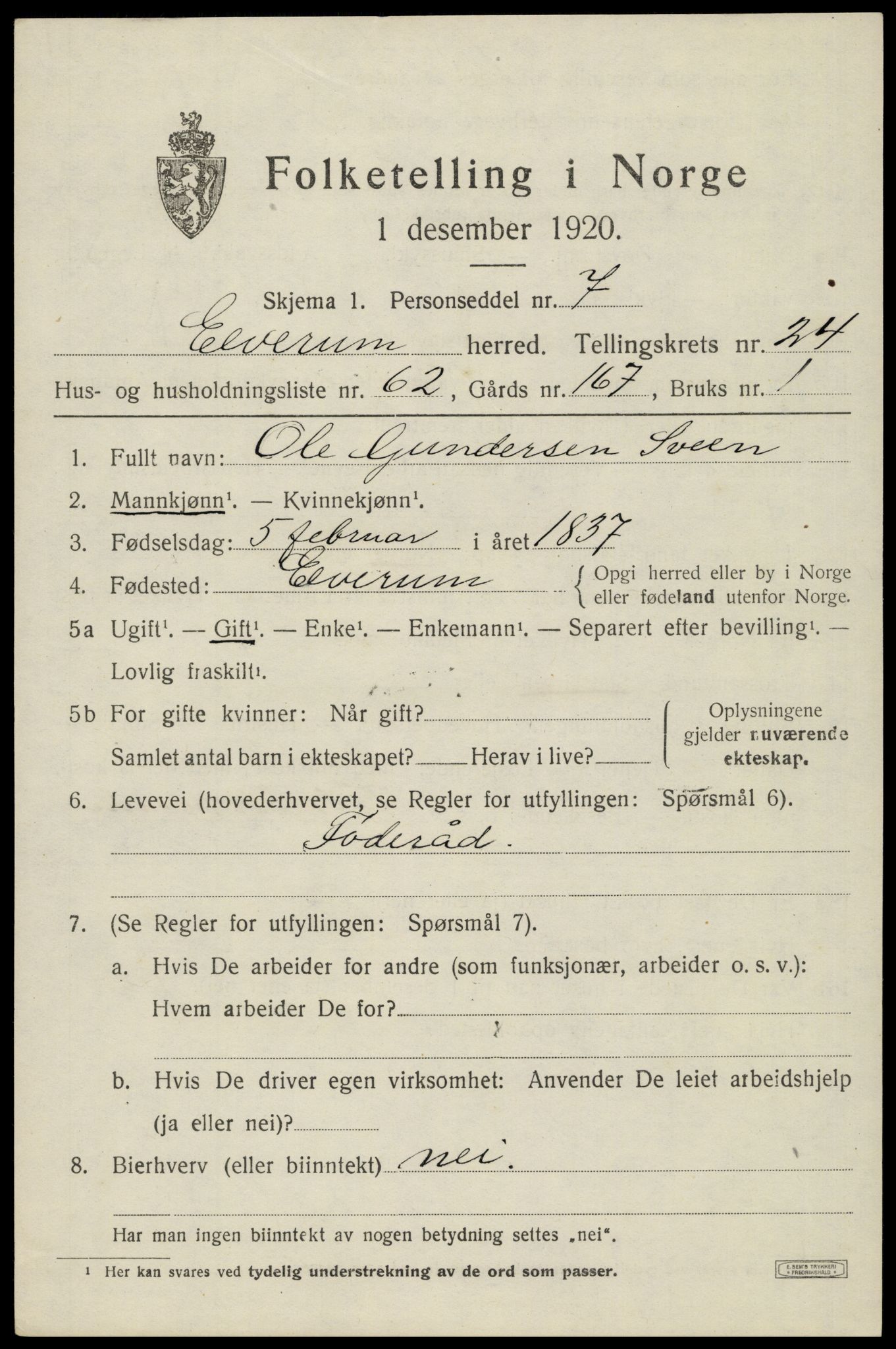 SAH, 1920 census for Elverum, 1920, p. 26220