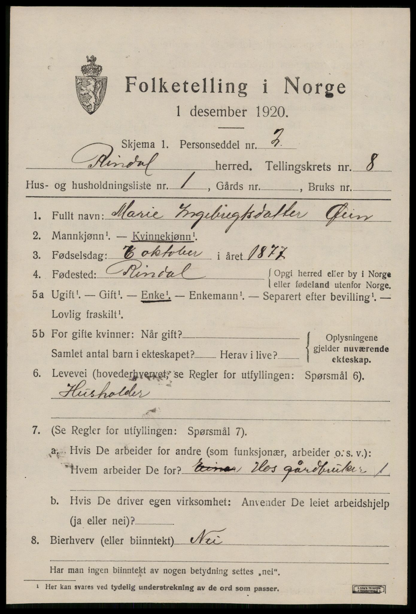 SAT, 1920 census for Rindal, 1920, p. 3946