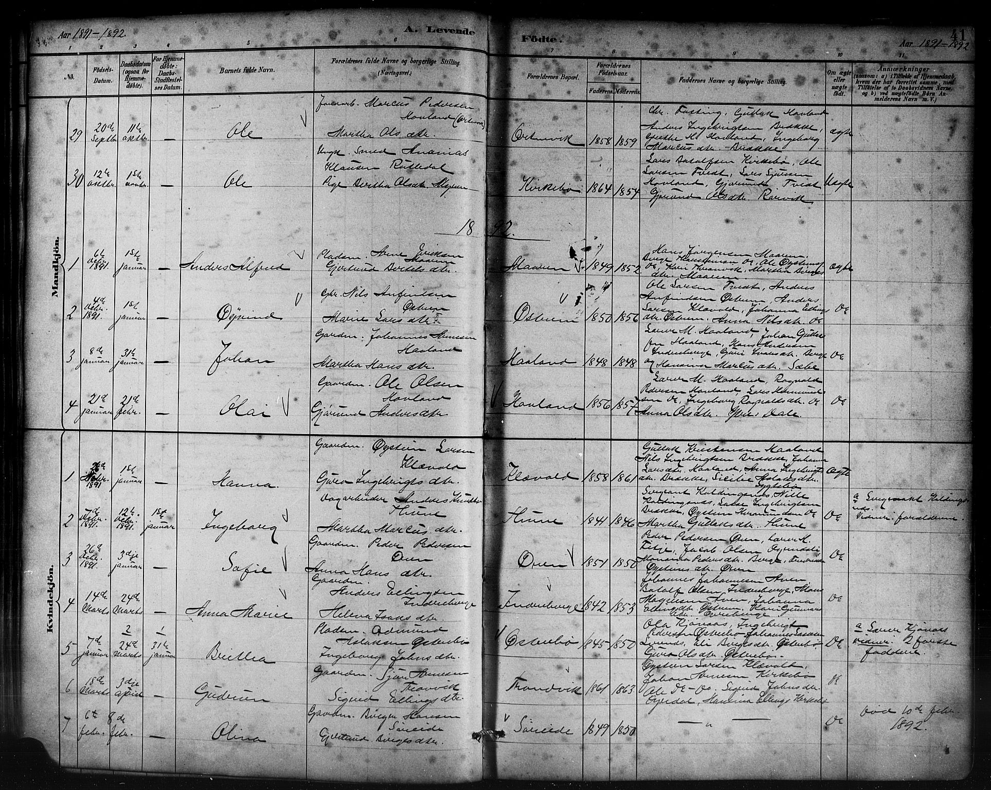 Lavik sokneprestembete, AV/SAB-A-80901: Parish register (copy) no. B 3, 1882-1913, p. 41