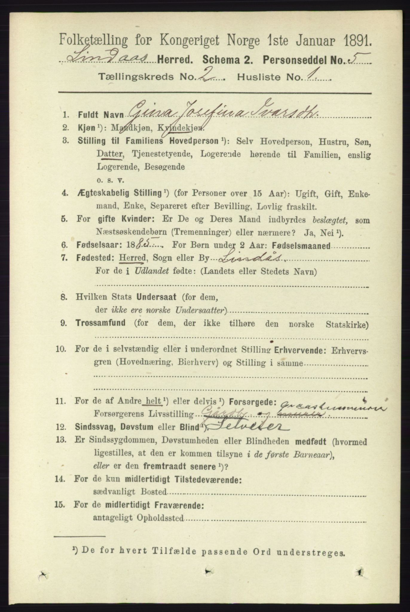 RA, 1891 census for 1263 Lindås, 1891, p. 433