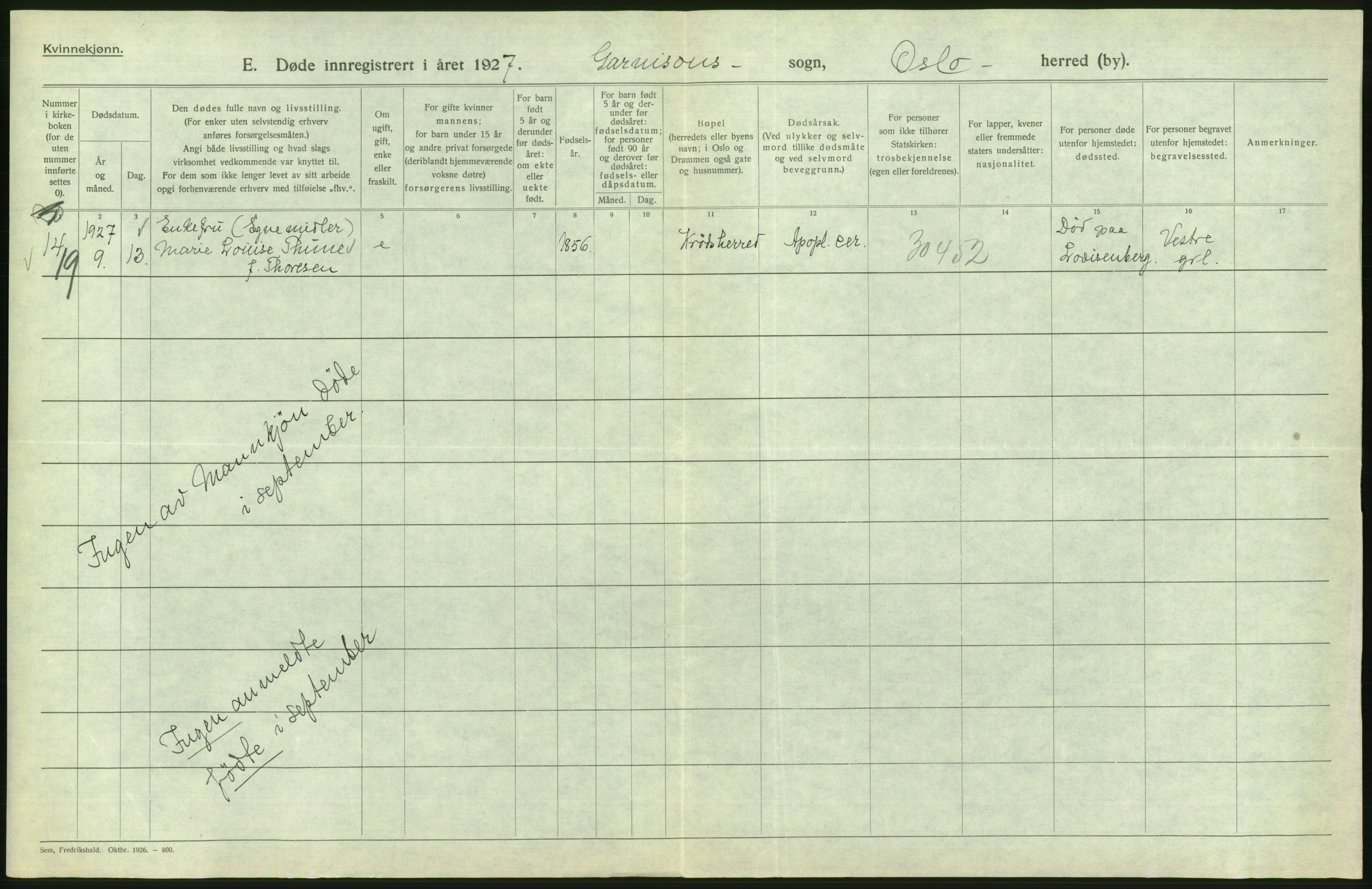 Statistisk sentralbyrå, Sosiodemografiske emner, Befolkning, AV/RA-S-2228/D/Df/Dfc/Dfcg/L0010: Oslo: Døde kvinner, dødfødte, 1927, p. 580