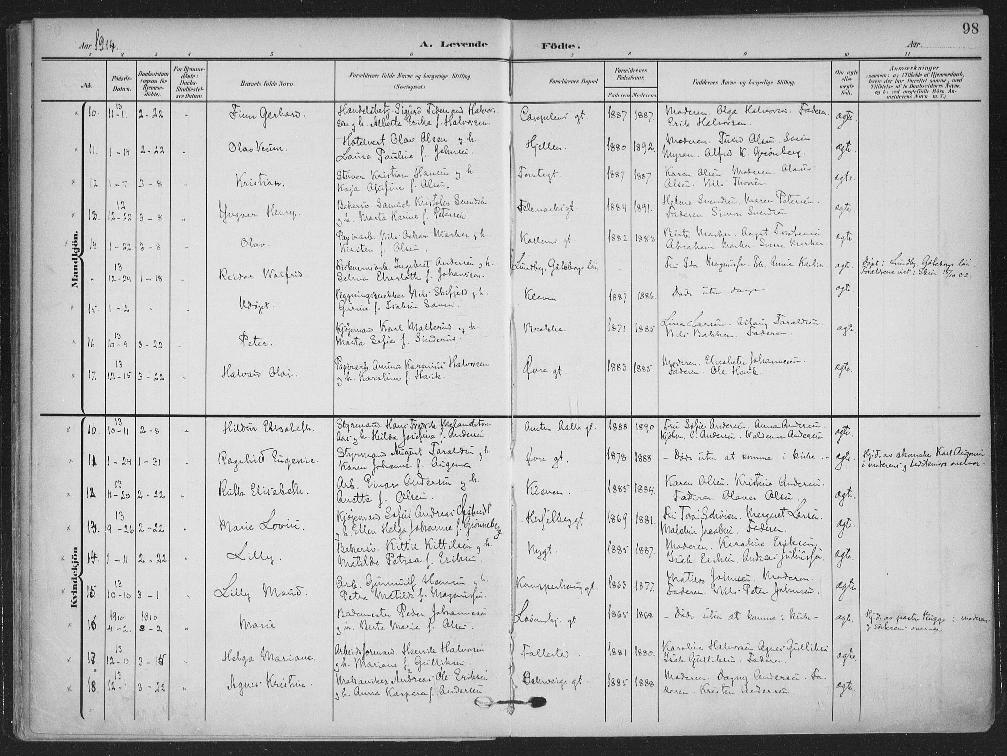 Skien kirkebøker, SAKO/A-302/F/Fa/L0012: Parish register (official) no. 12, 1908-1914, p. 98