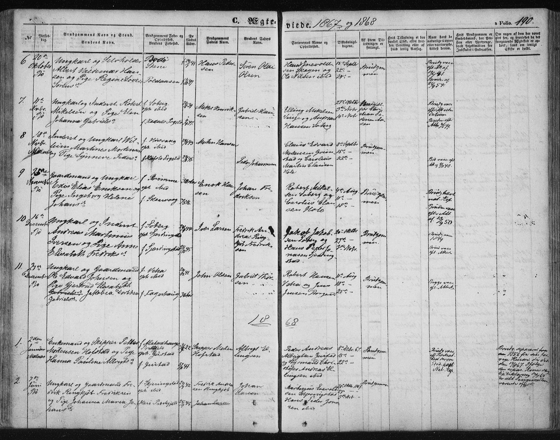 Ministerialprotokoller, klokkerbøker og fødselsregistre - Nordland, SAT/A-1459/891/L1300: Parish register (official) no. 891A05, 1856-1870, p. 190