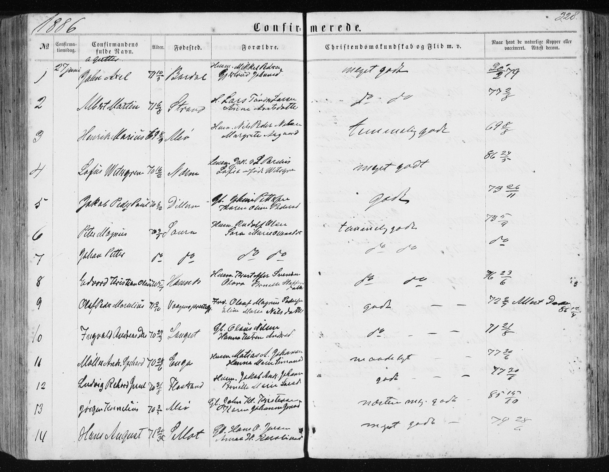 Ministerialprotokoller, klokkerbøker og fødselsregistre - Nordland, AV/SAT-A-1459/838/L0556: Parish register (copy) no. 838C03, 1861-1893, p. 328