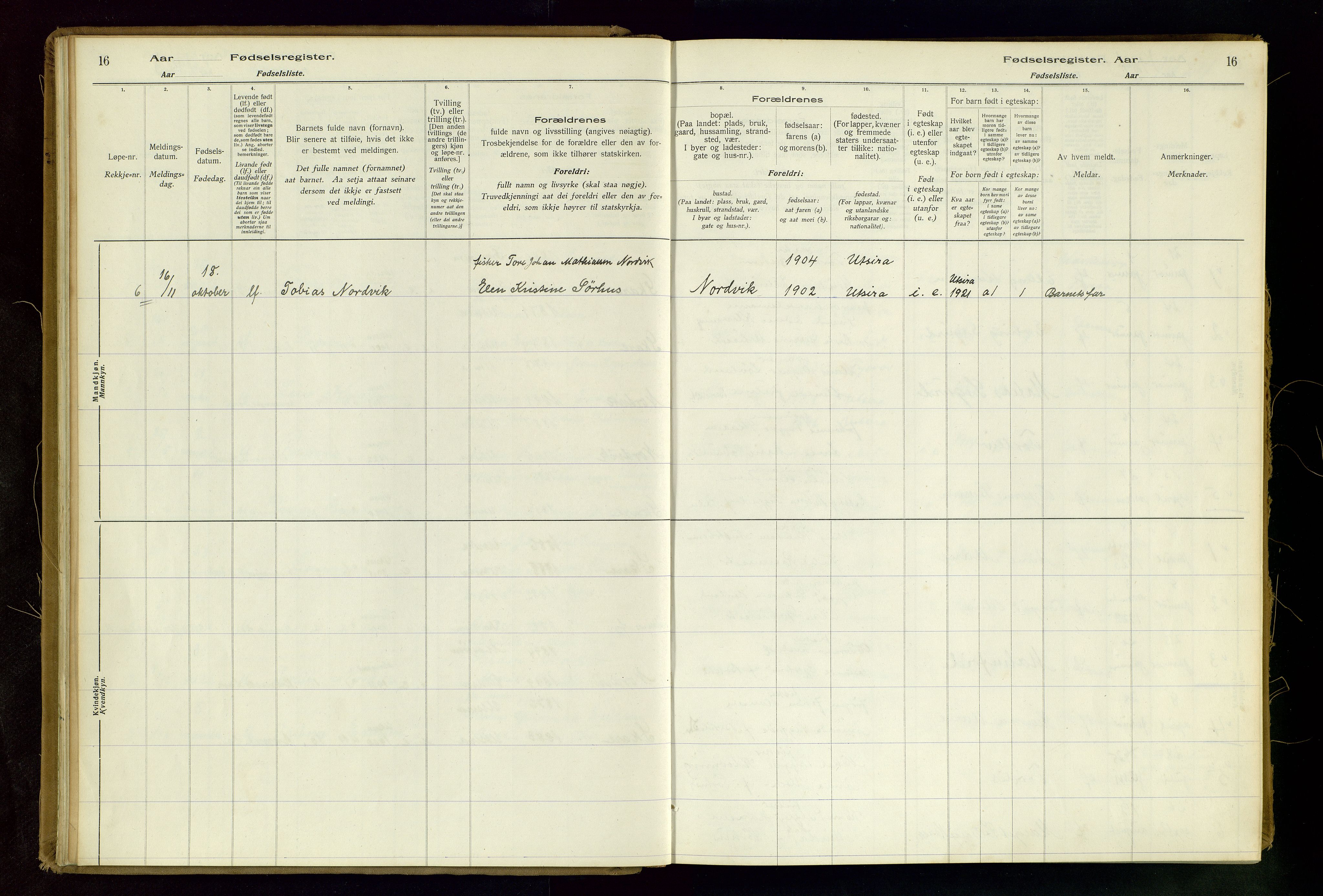 Torvastad sokneprestkontor, AV/SAST-A -101857/I/Id/L0001: Birth register no. 1, 1916-1982, p. 16