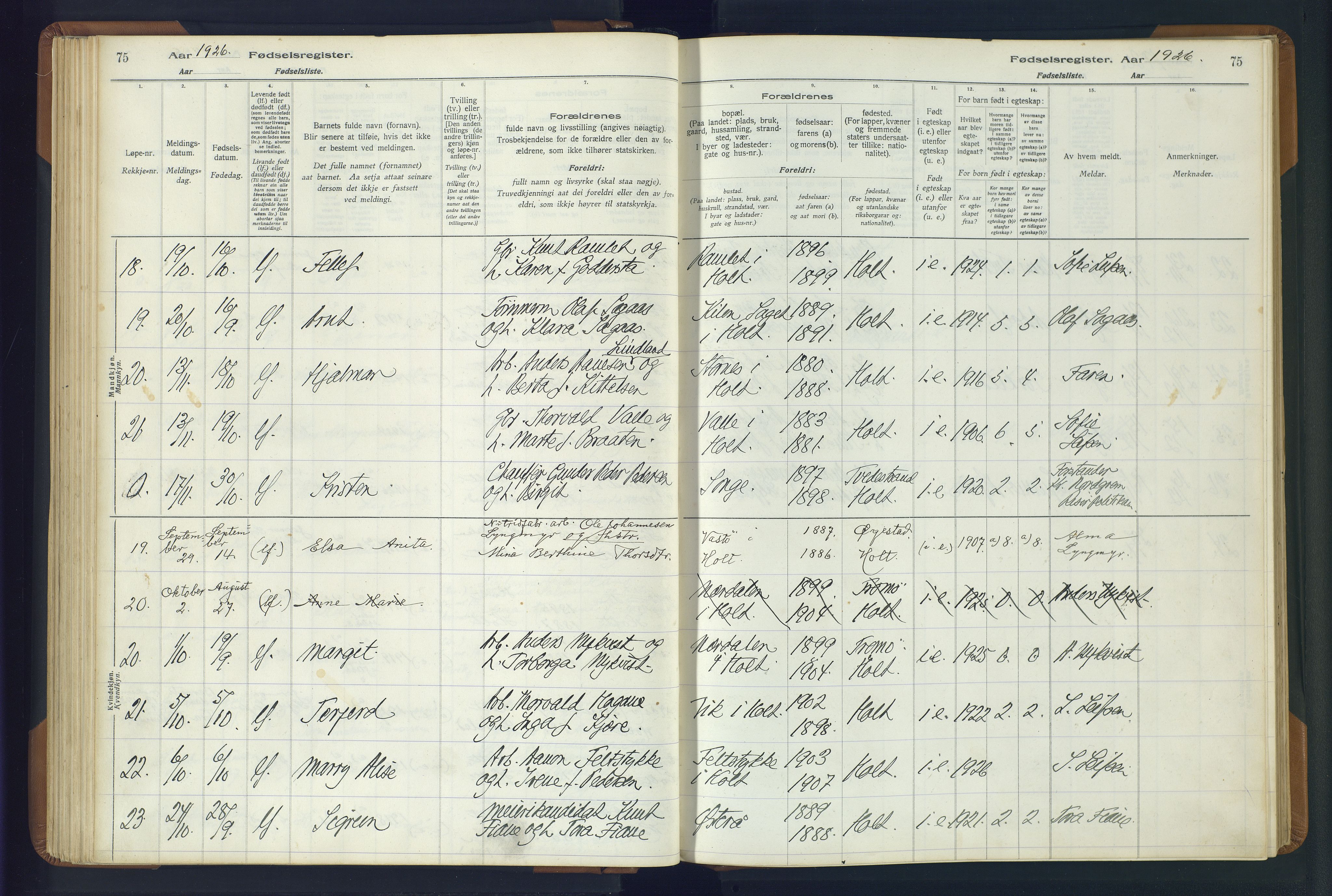 Holt sokneprestkontor, AV/SAK-1111-0021/J/Ja/L0001: Birth register no. II.4.1, 1916-1946, p. 75