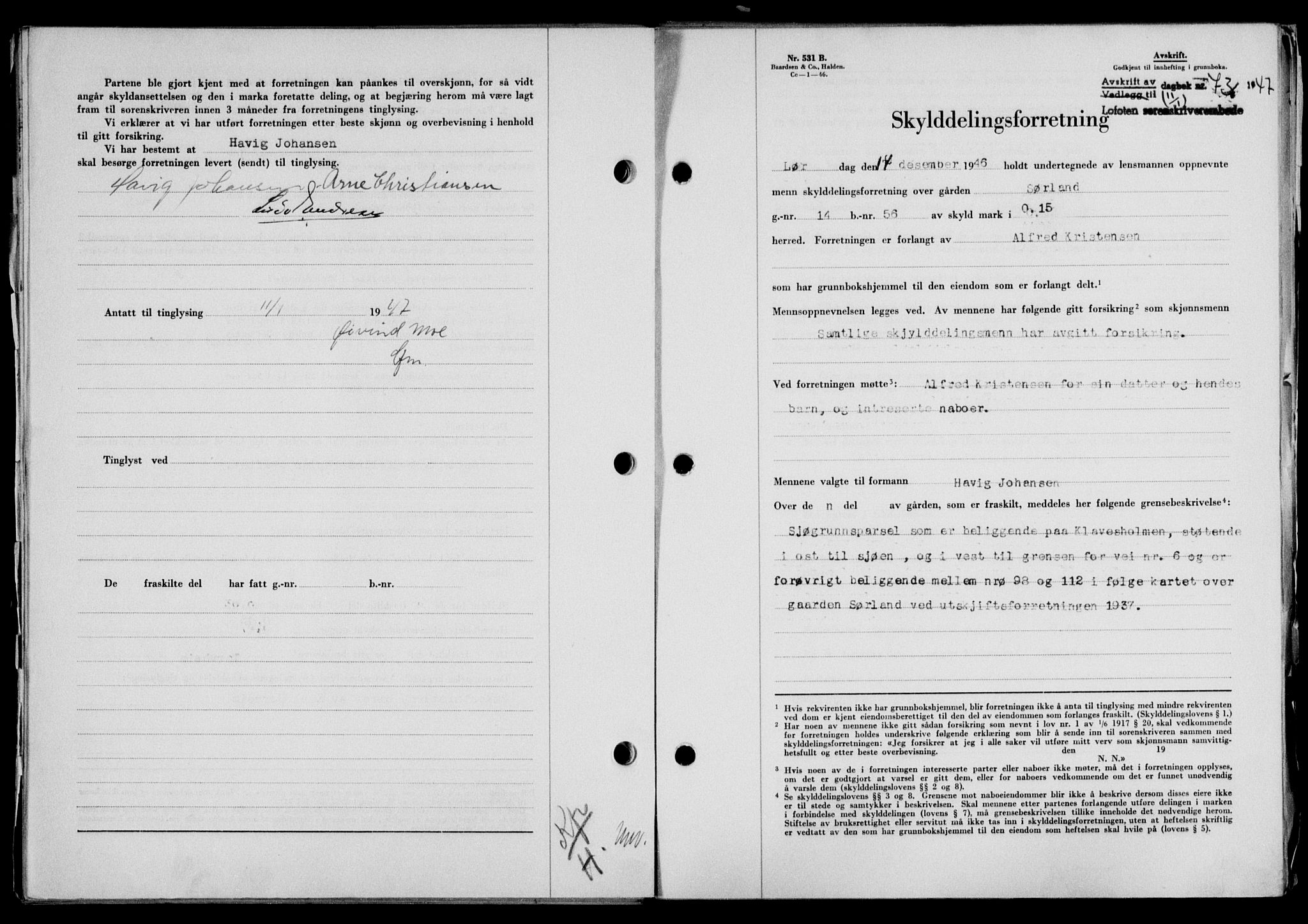 Lofoten sorenskriveri, SAT/A-0017/1/2/2C/L0015a: Mortgage book no. 15a, 1946-1947, Diary no: : 73/1947