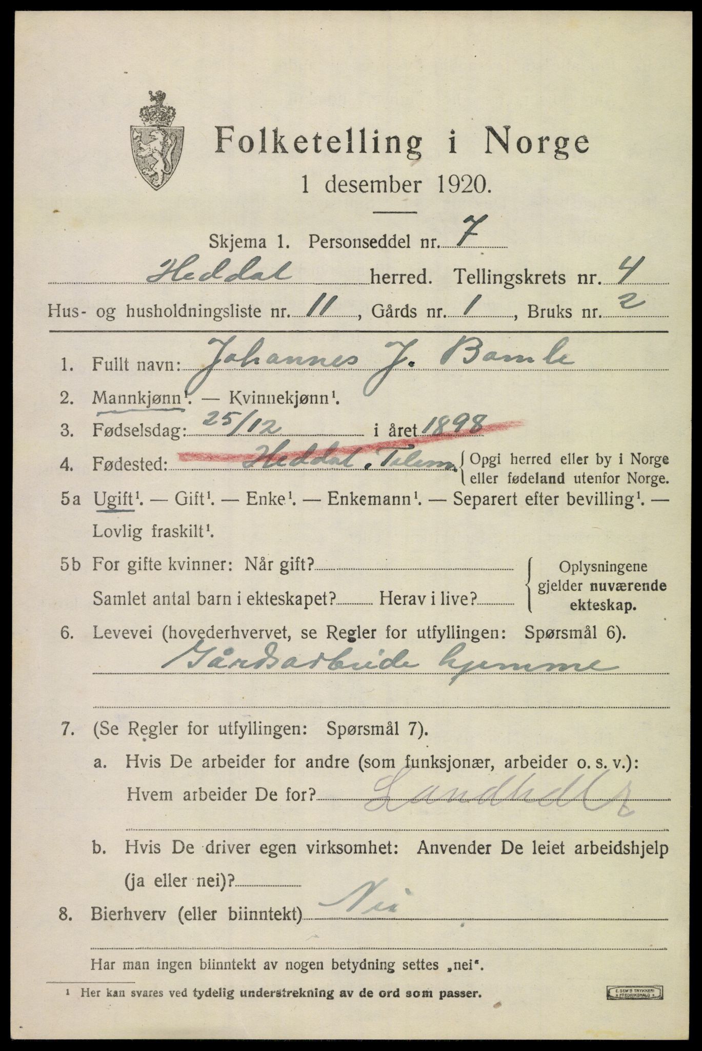 SAKO, 1920 census for Heddal, 1920, p. 4562