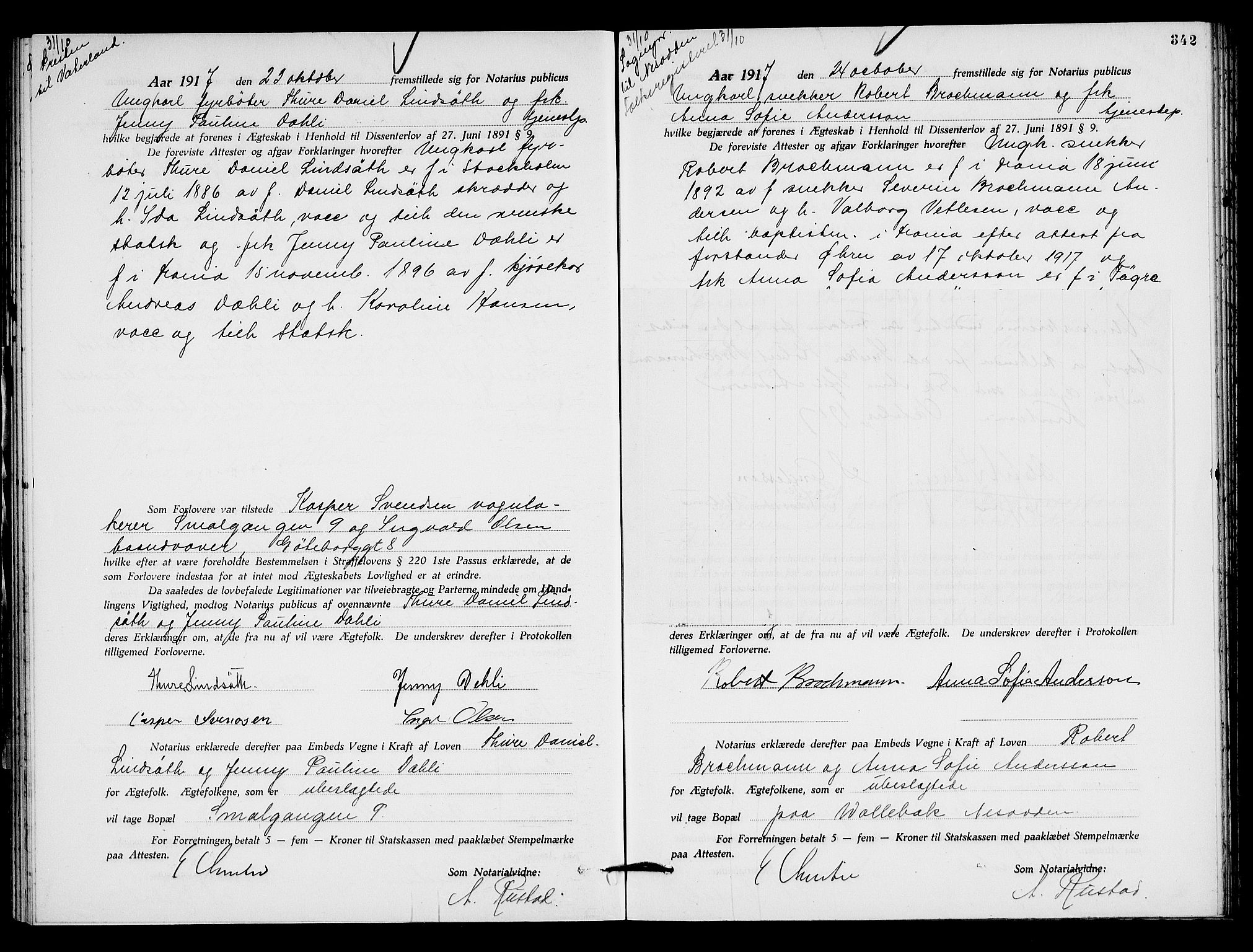 Oslo byfogd avd. I, AV/SAO-A-10220/L/Lb/Lbb/L0011: Notarialprotokoll, rekke II: Vigsler, 1916-1918, p. 341b-342a