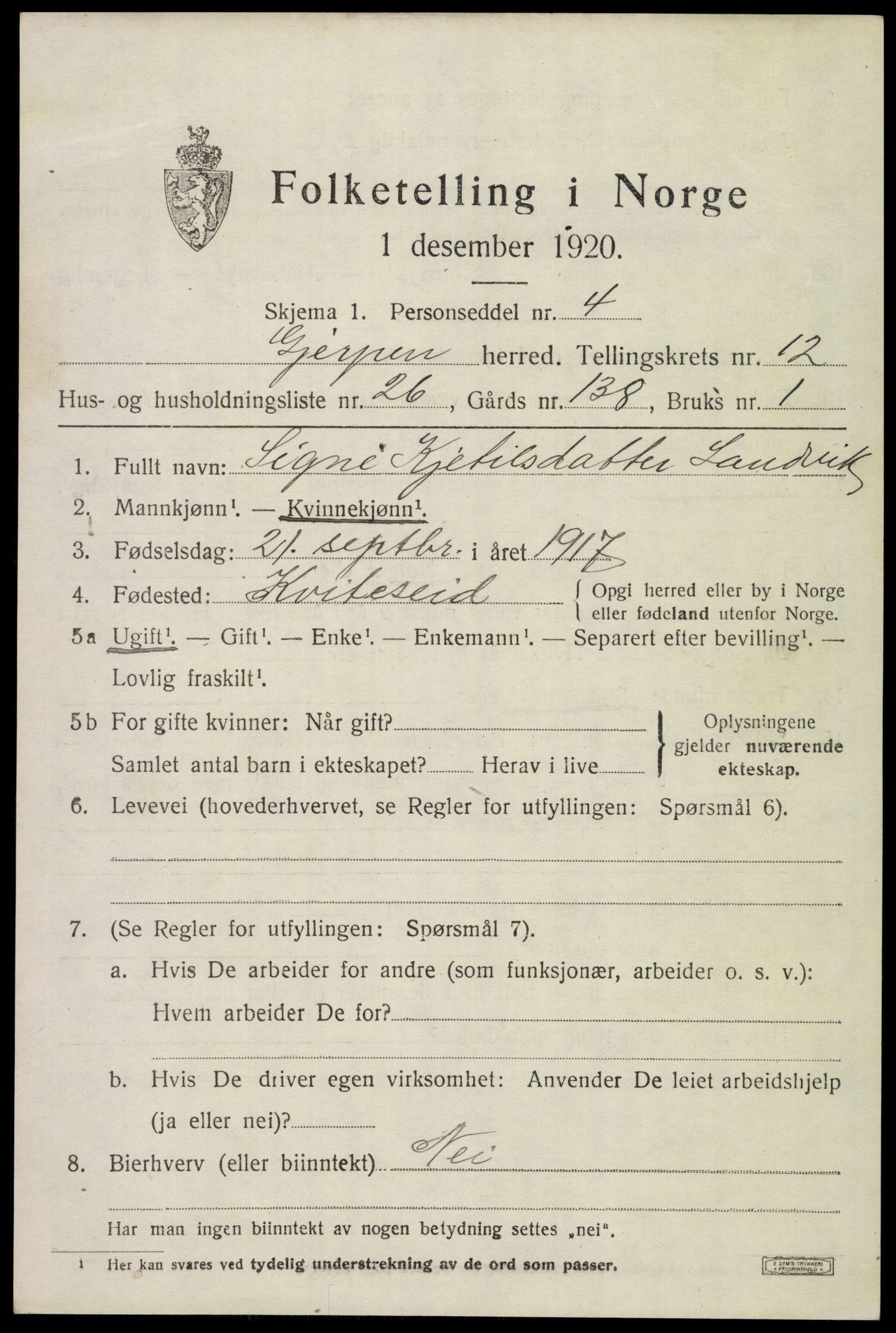 SAKO, 1920 census for Gjerpen, 1920, p. 13802