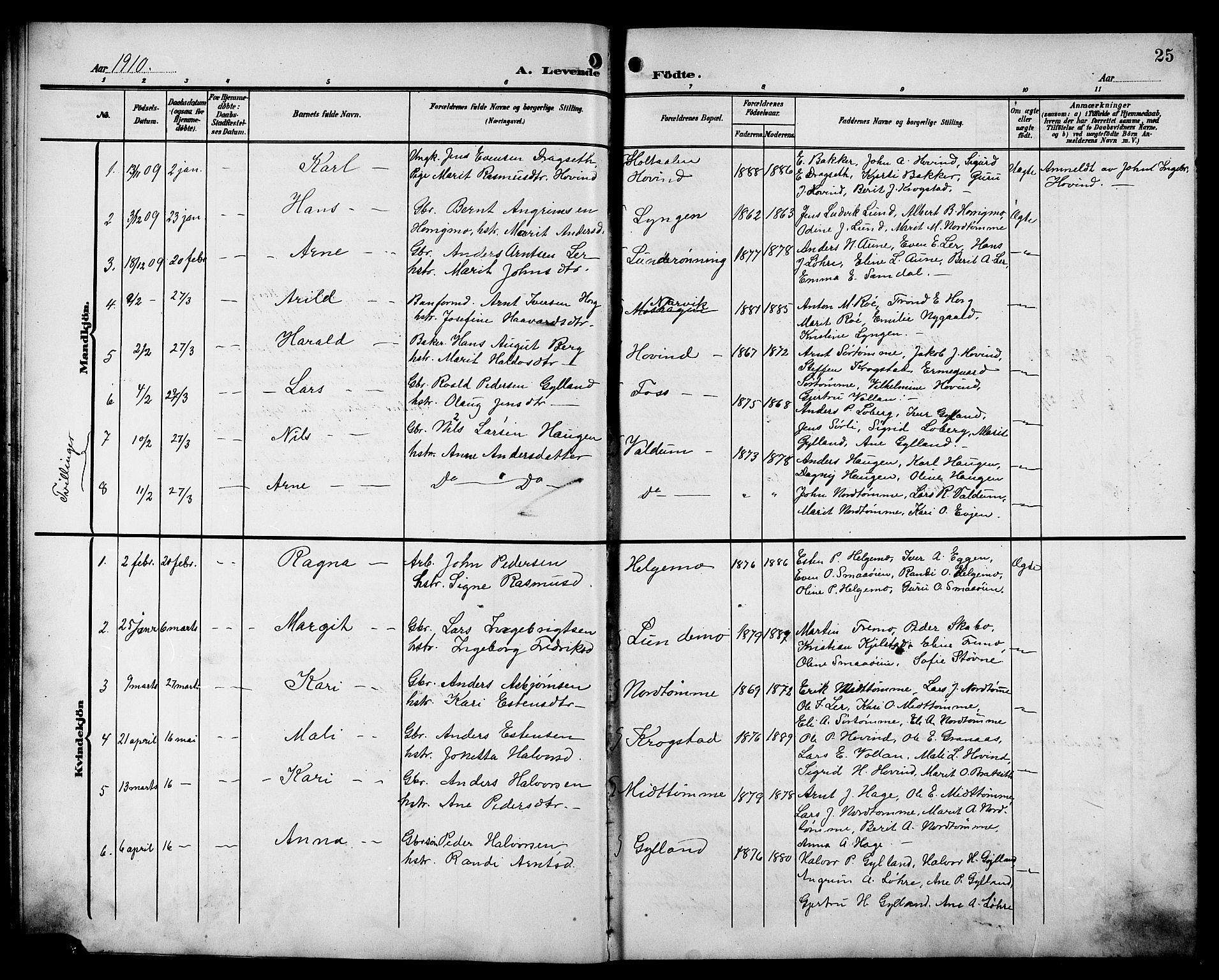 Ministerialprotokoller, klokkerbøker og fødselsregistre - Sør-Trøndelag, SAT/A-1456/692/L1112: Parish register (copy) no. 692C07, 1904-1918, p. 25