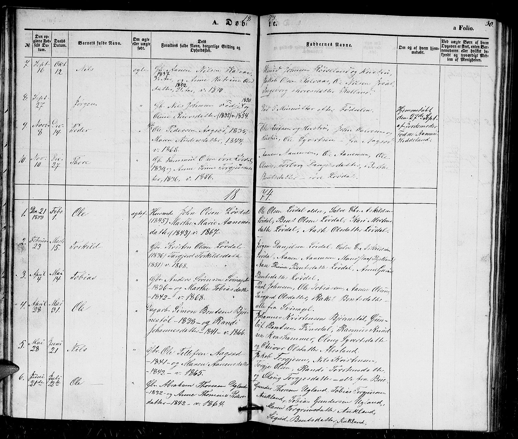 Holum sokneprestkontor, SAK/1111-0022/F/Fb/Fbb/L0002: Parish register (copy) no. B 2, 1847-1874, p. 30