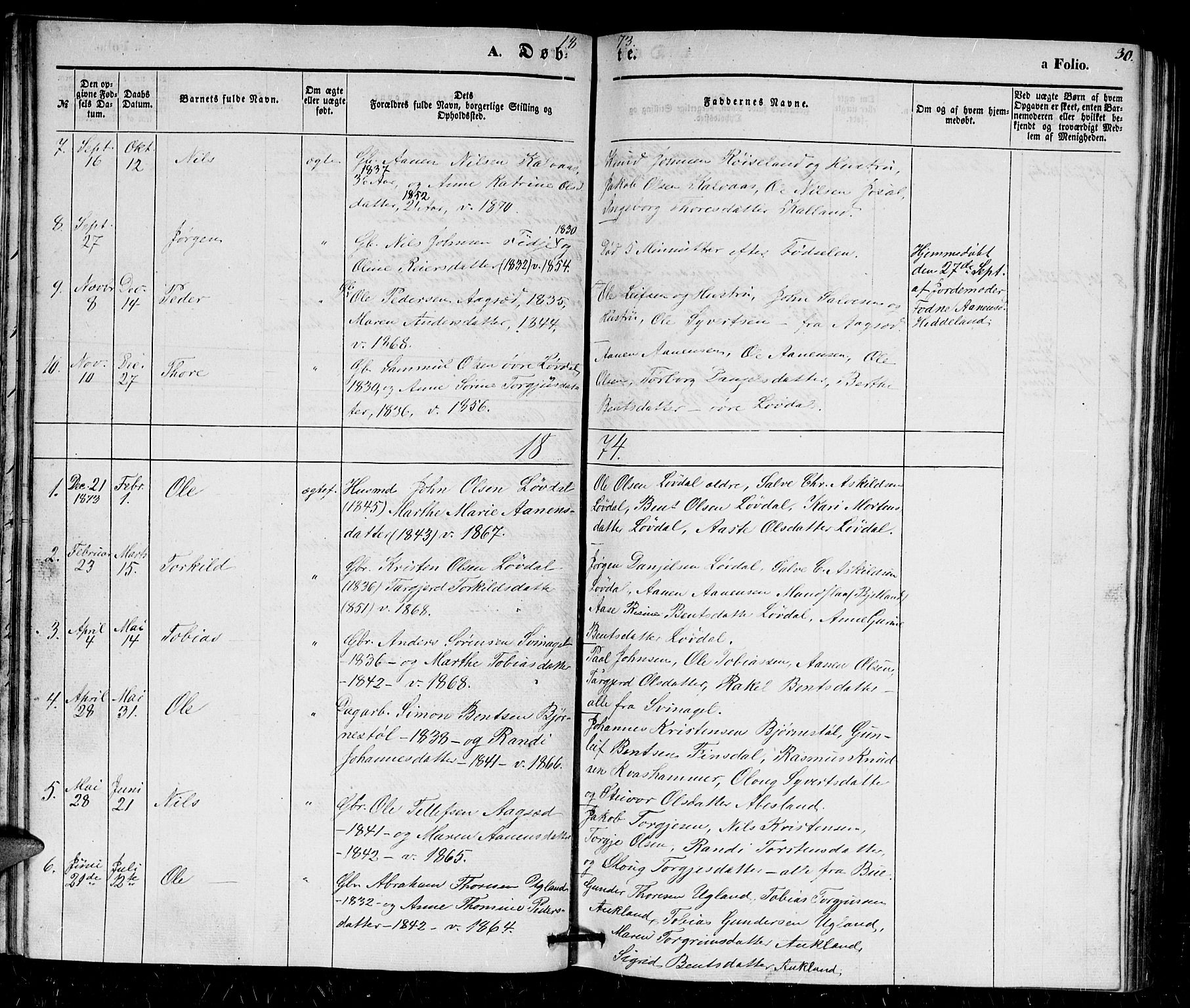 Holum sokneprestkontor, AV/SAK-1111-0022/F/Fb/Fbb/L0002: Parish register (copy) no. B 2, 1847-1874, p. 30