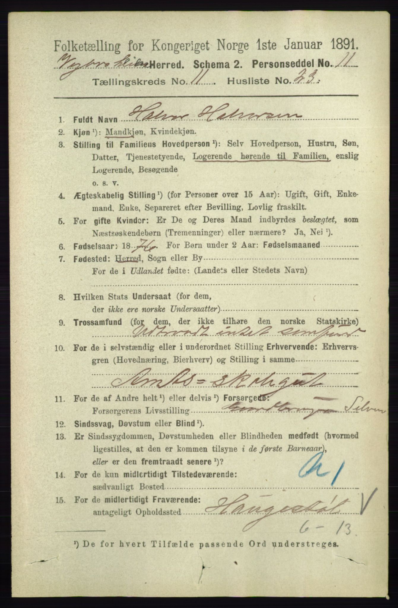 RA, 1891 census for 0912 Vegårshei, 1891, p. 2380