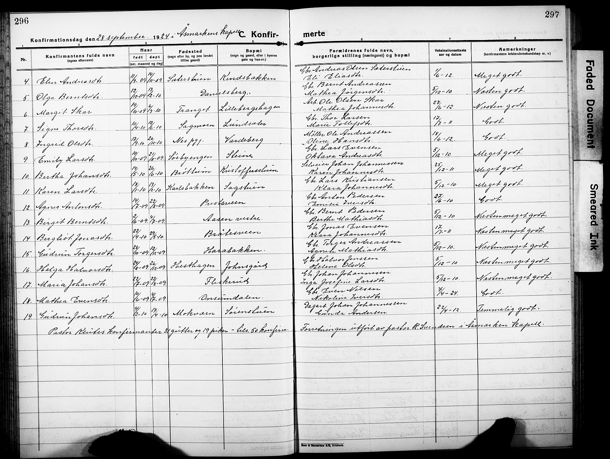 Ringsaker prestekontor, AV/SAH-PREST-014/L/La/L0019: Parish register (copy) no. 19, 1923-1933, p. 296-297