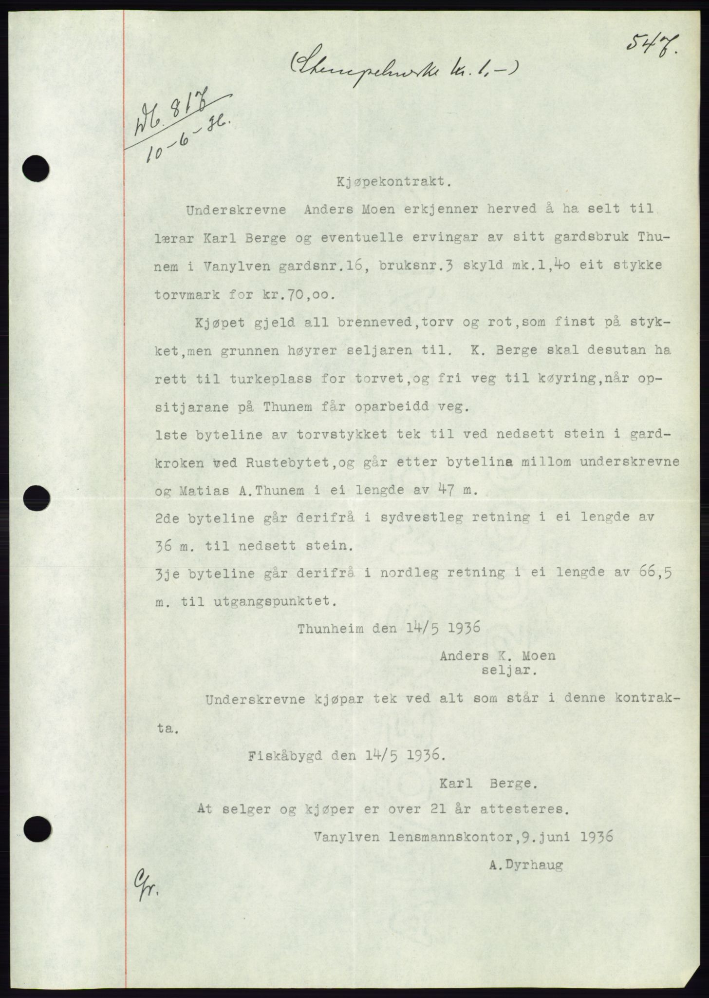 Søre Sunnmøre sorenskriveri, AV/SAT-A-4122/1/2/2C/L0060: Mortgage book no. 54, 1935-1936, Deed date: 10.06.1936