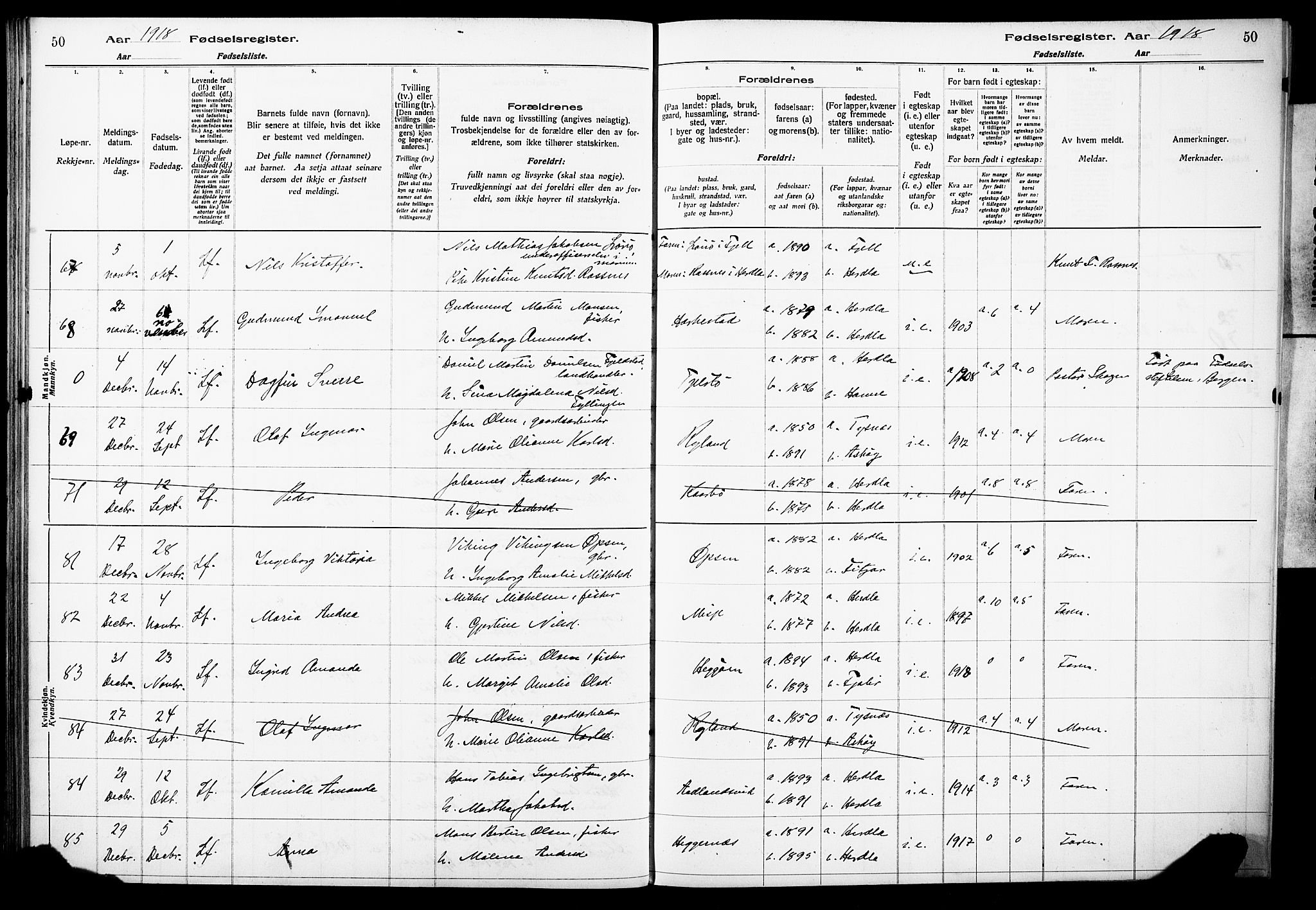 Herdla Sokneprestembete, AV/SAB-A-75701/I/Id/L00A1: Birth register no. A 1, 1916-1929, p. 50