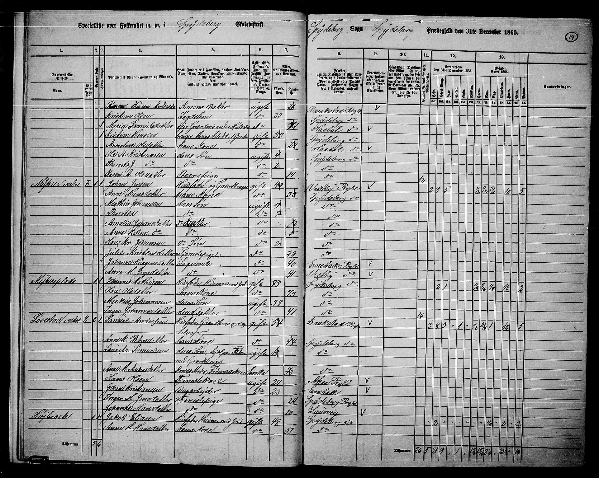 RA, 1865 census for Spydeberg, 1865, p. 13