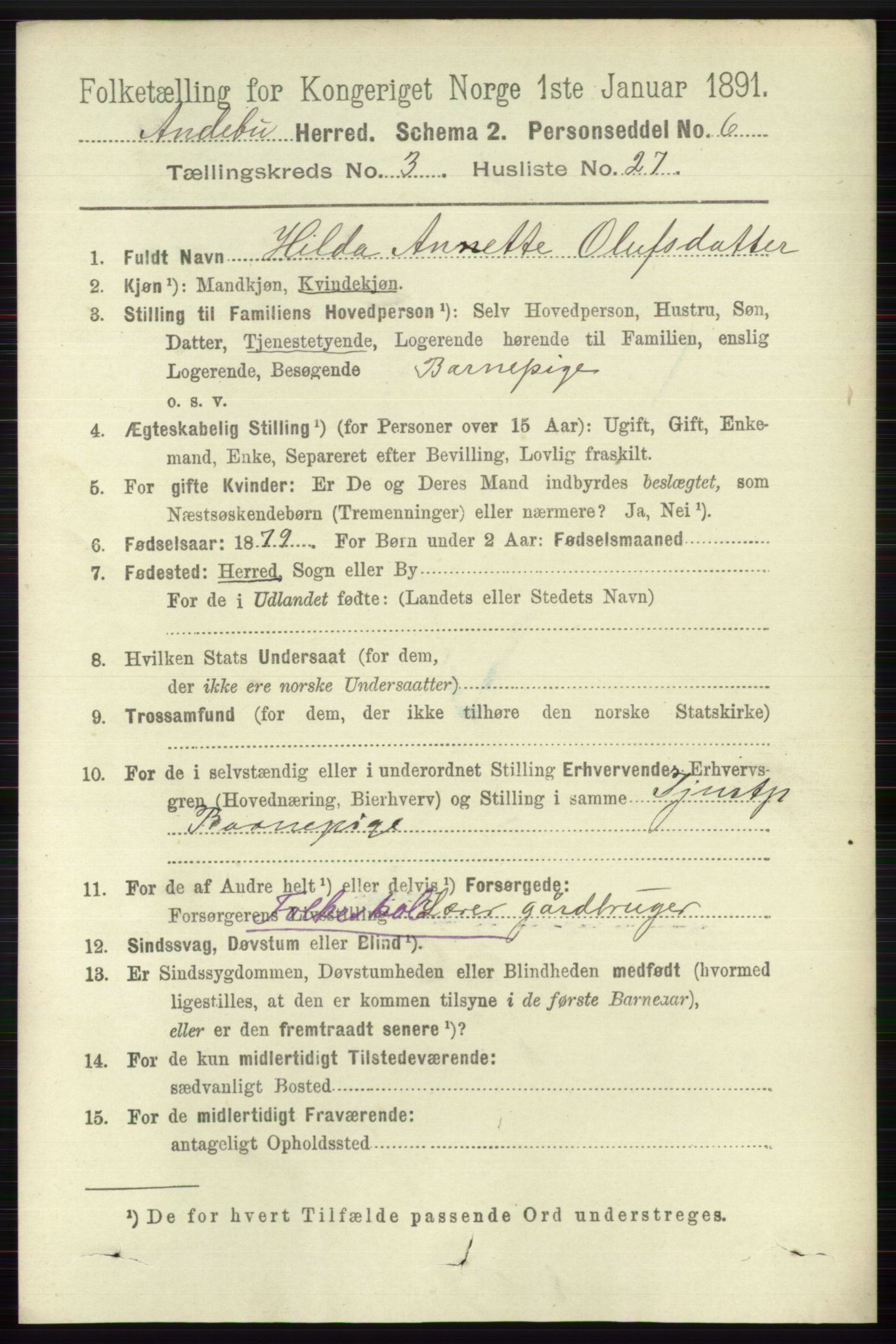 RA, 1891 census for 0719 Andebu, 1891, p. 1651