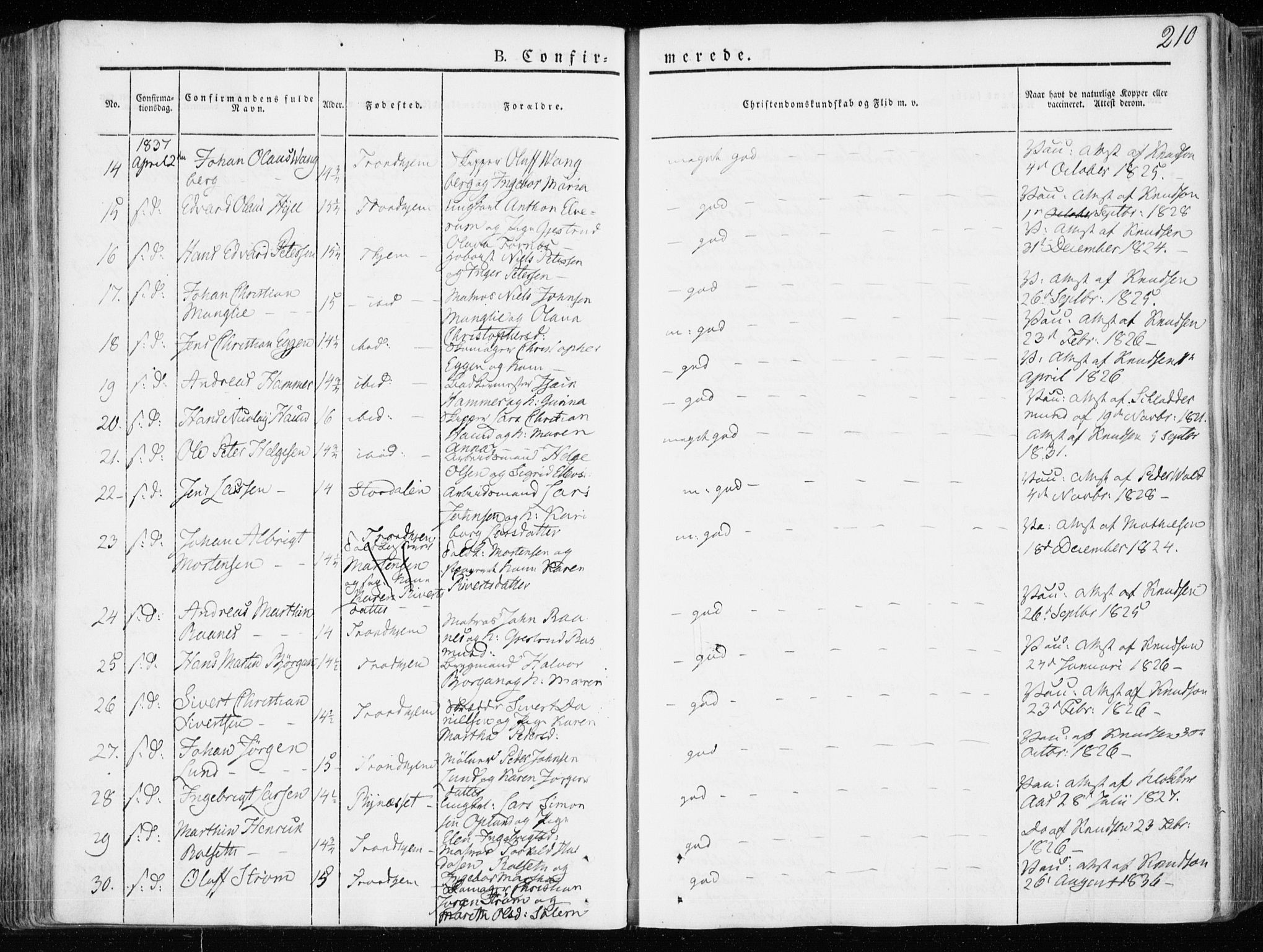 Ministerialprotokoller, klokkerbøker og fødselsregistre - Sør-Trøndelag, SAT/A-1456/601/L0047: Parish register (official) no. 601A15, 1831-1839, p. 210