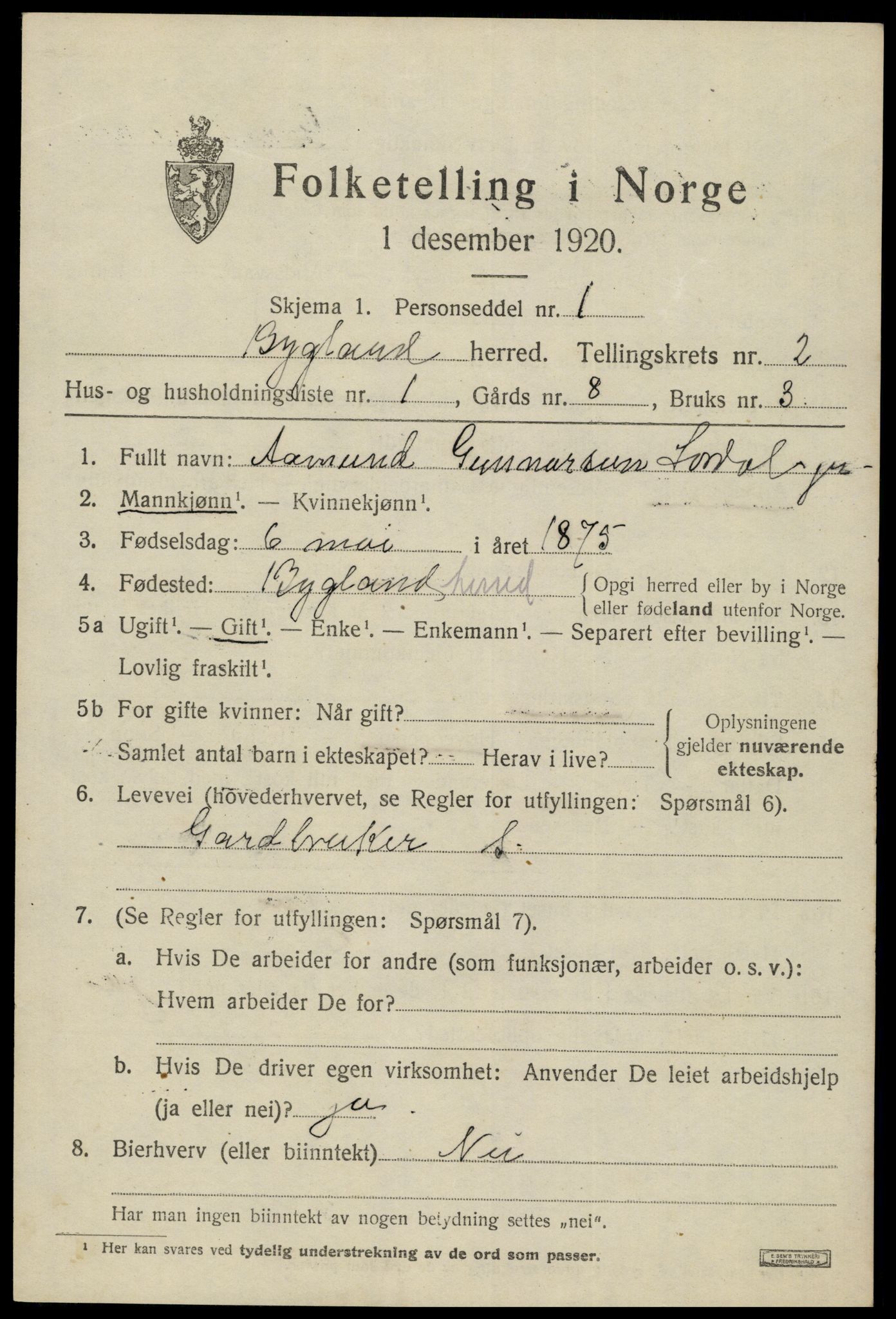 SAK, 1920 census for Bygland, 1920, p. 1089