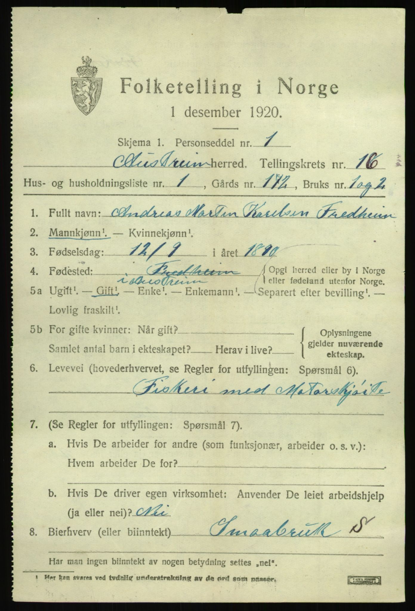 SAB, 1920 census for Austrheim, 1920, p. 5100