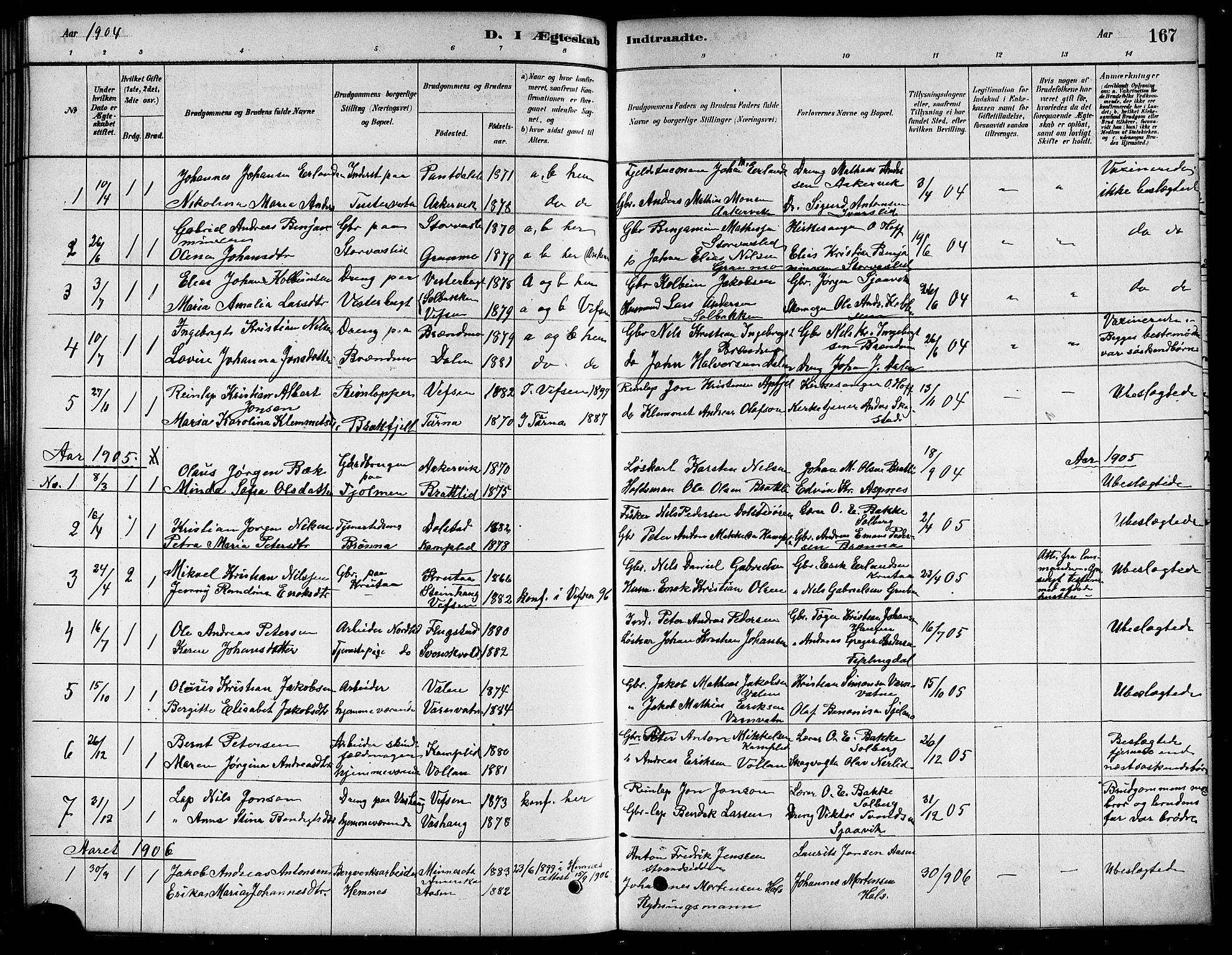 Ministerialprotokoller, klokkerbøker og fødselsregistre - Nordland, SAT/A-1459/823/L0330: Parish register (copy) no. 823C02, 1879-1916, p. 167