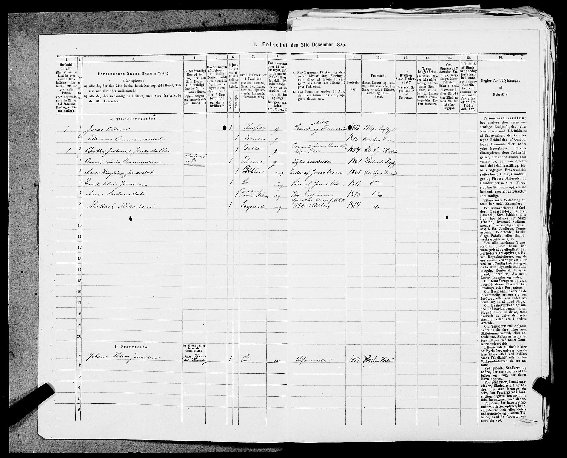 SAST, 1875 census for 1124P Håland, 1875, p. 380