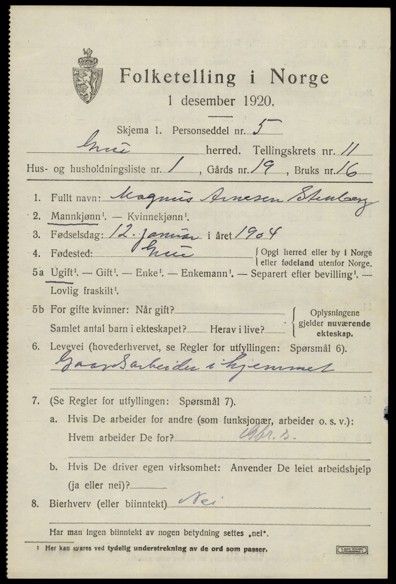 SAH, 1920 census for Grue, 1920, p. 9377