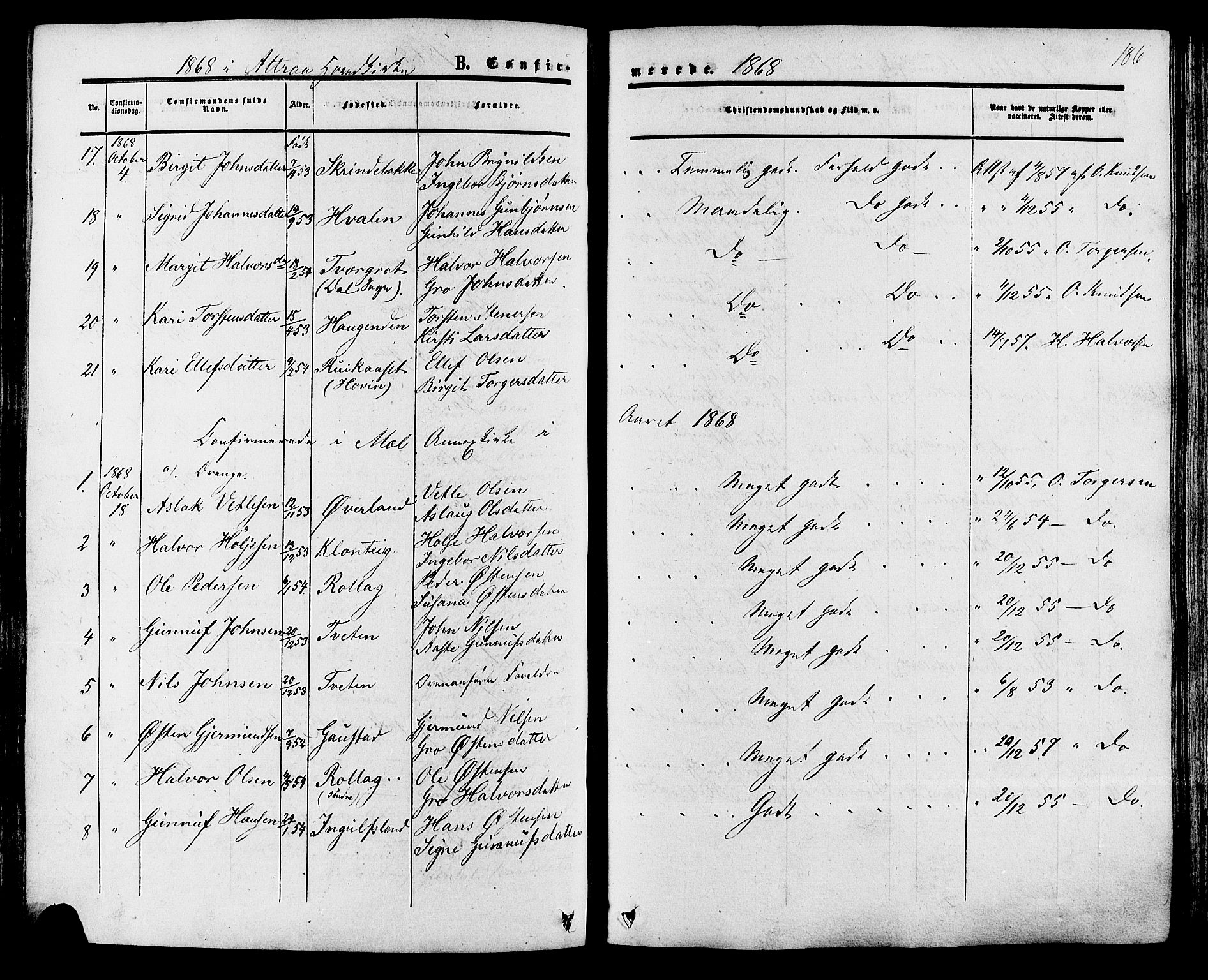 Tinn kirkebøker, AV/SAKO-A-308/F/Fa/L0006: Parish register (official) no. I 6, 1857-1878, p. 186