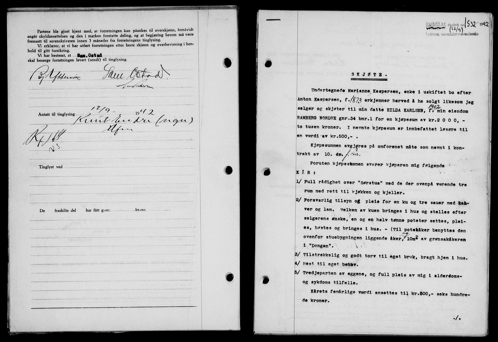 Lofoten sorenskriveri, SAT/A-0017/1/2/2C/L0010a: Mortgage book no. 10a, 1942-1943, Diary no: : 1532/1942