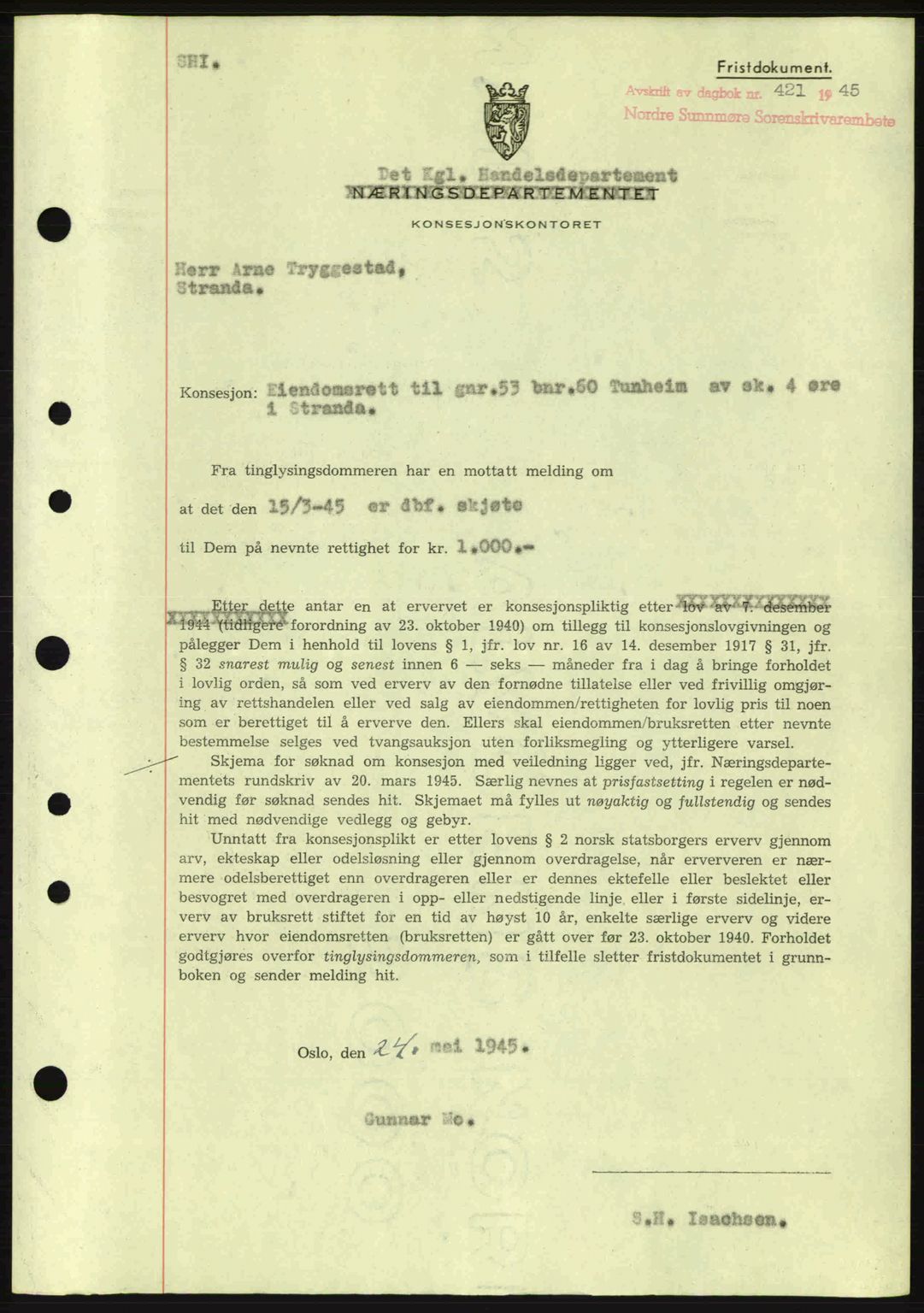 Nordre Sunnmøre sorenskriveri, SAT/A-0006/1/2/2C/2Ca: Mortgage book no. B6-14 a, 1942-1945, Diary no: : 421/1945
