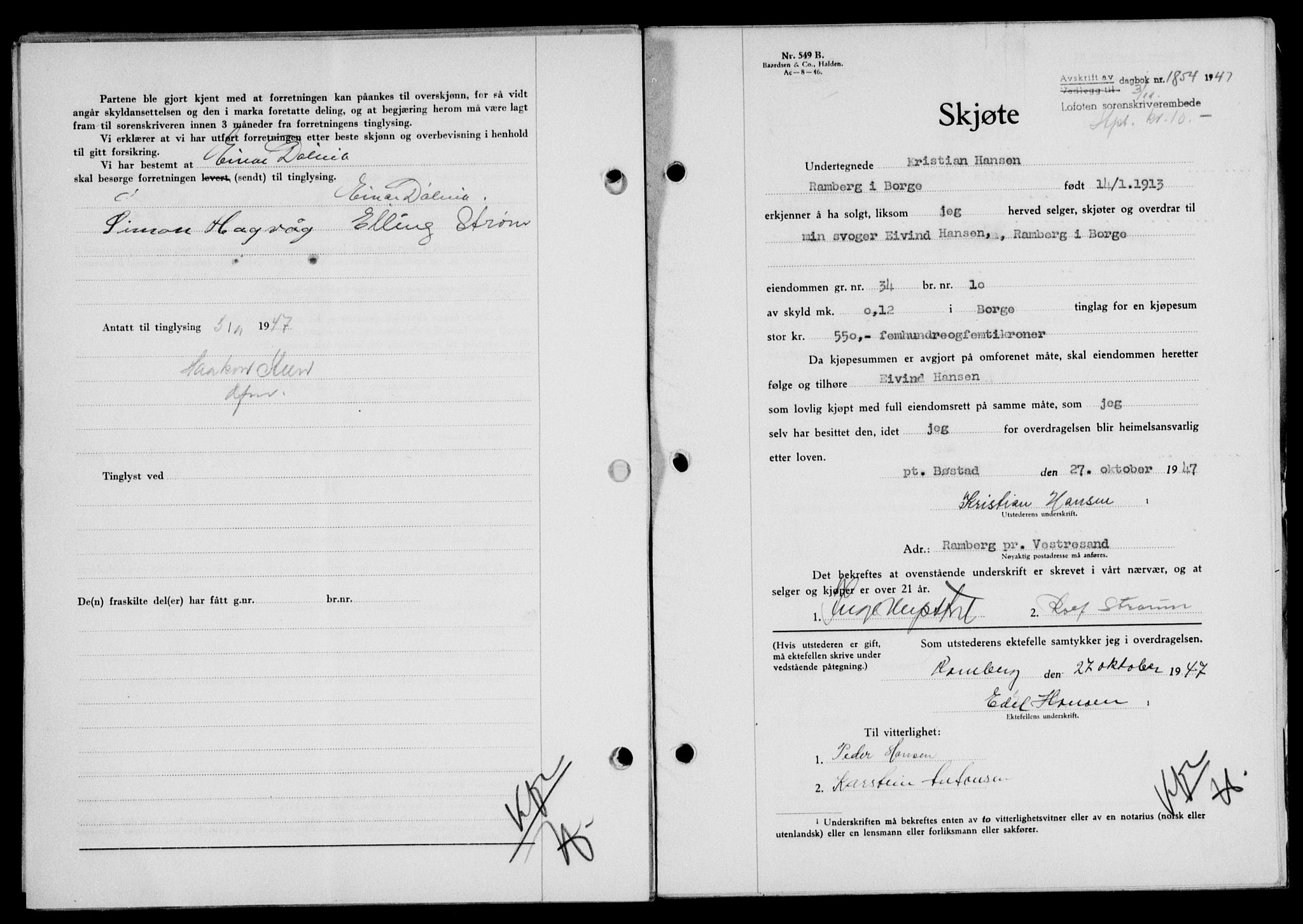 Lofoten sorenskriveri, SAT/A-0017/1/2/2C/L0017a: Mortgage book no. 17a, 1947-1948, Diary no: : 1854/1947