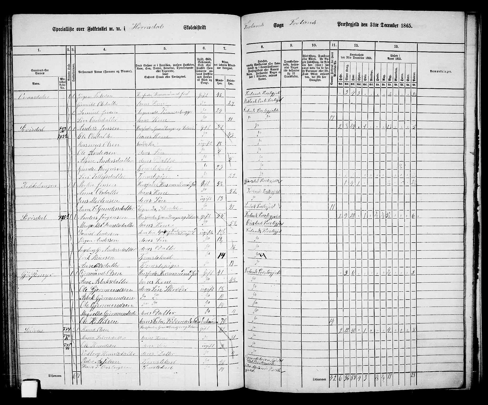 RA, 1865 census for Froland, 1865, p. 72