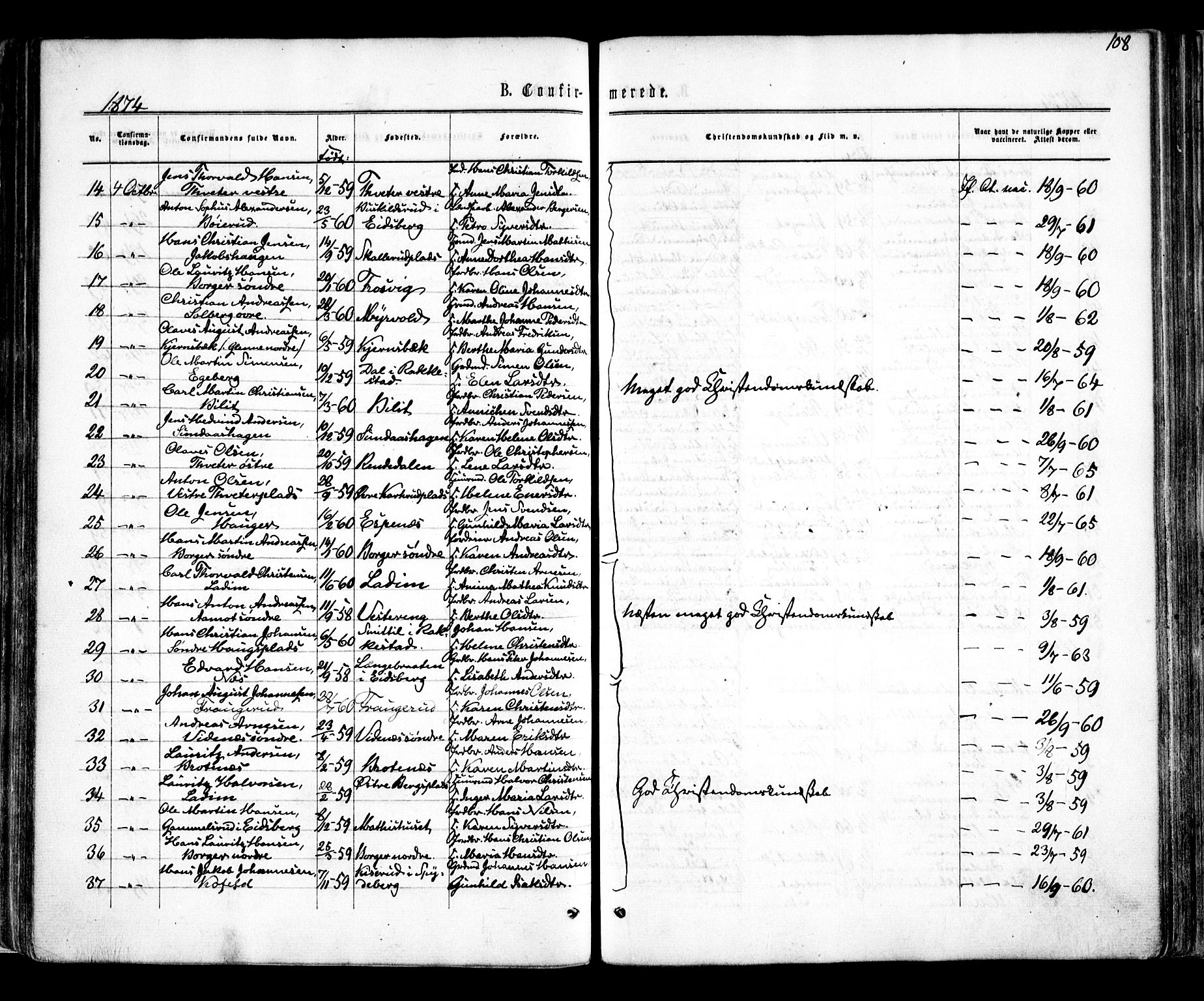 Skiptvet prestekontor Kirkebøker, AV/SAO-A-20009/F/Fa/L0008: Parish register (official) no. 8, 1867-1877, p. 108