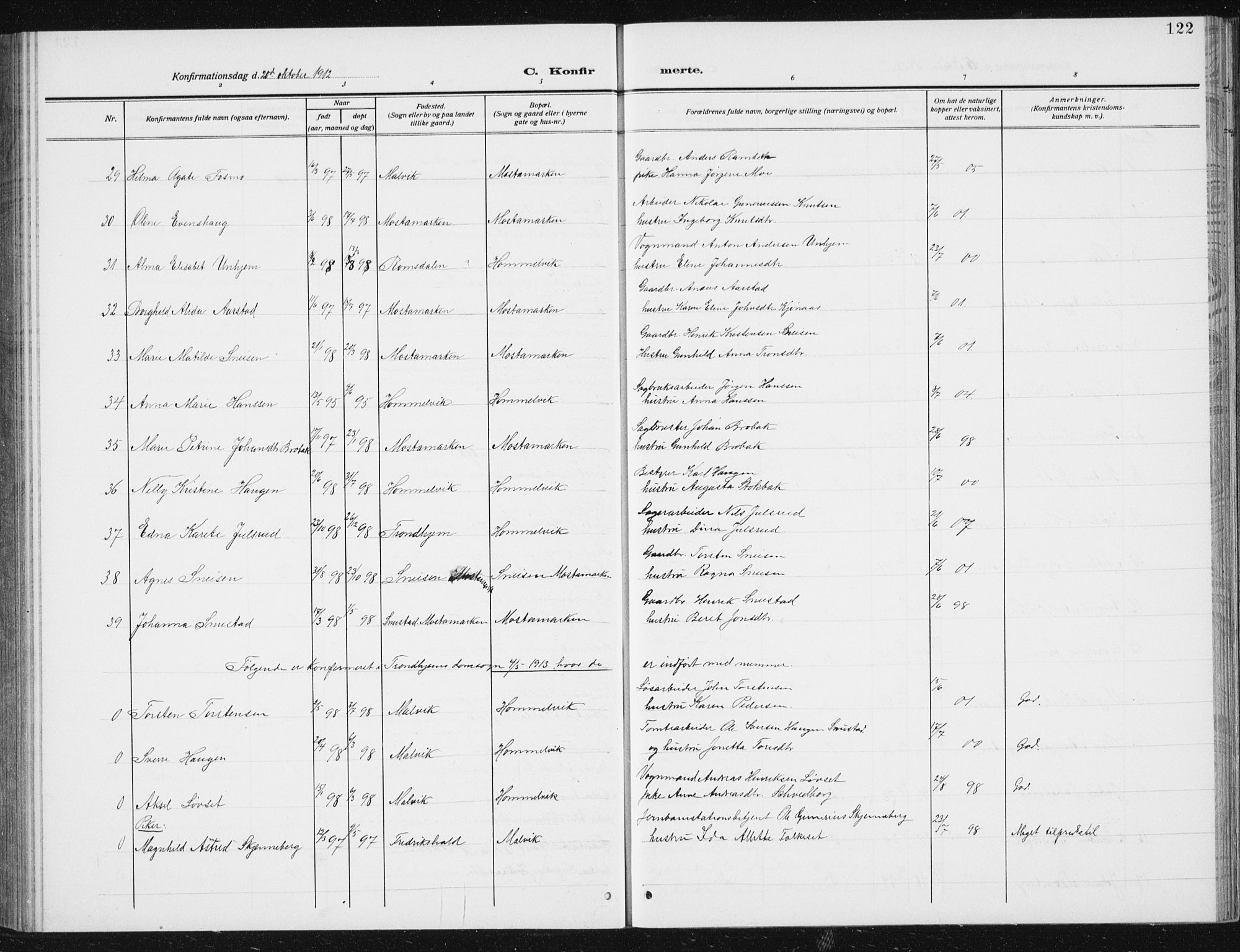 Ministerialprotokoller, klokkerbøker og fødselsregistre - Sør-Trøndelag, SAT/A-1456/617/L0431: Parish register (copy) no. 617C02, 1910-1936, p. 122