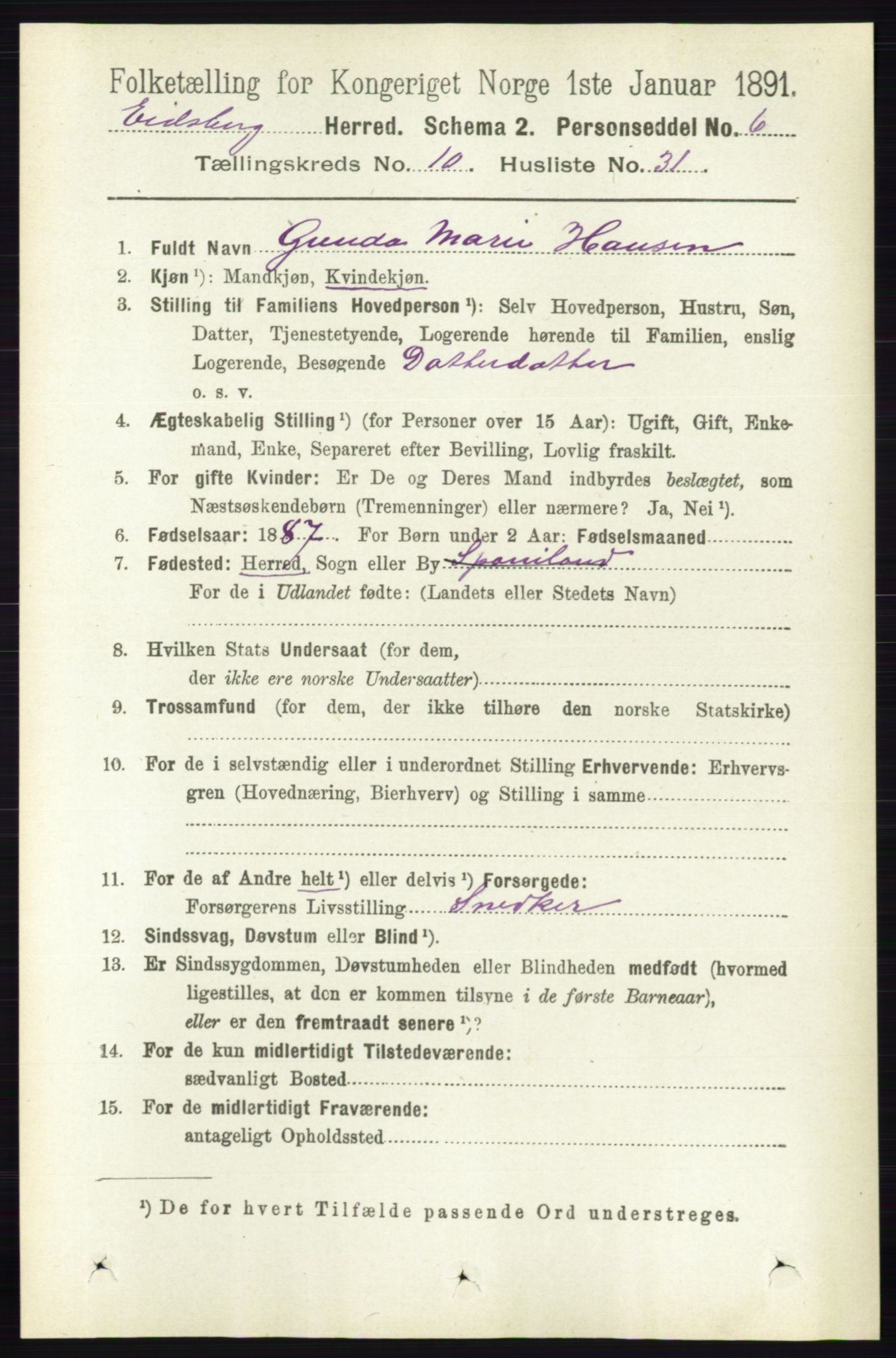 RA, 1891 census for 0125 Eidsberg, 1891, p. 5853