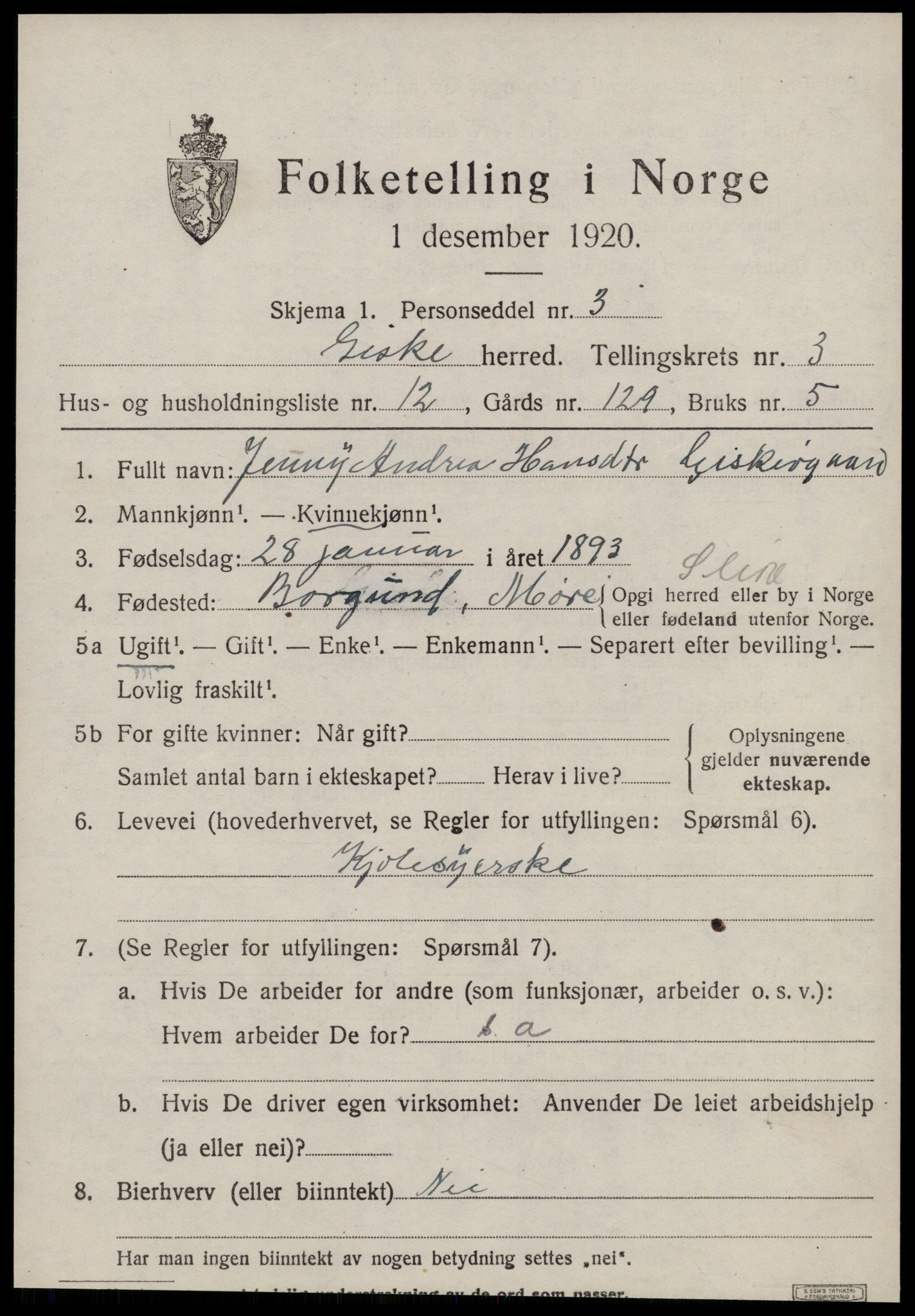 SAT, 1920 census for Giske, 1920, p. 1890