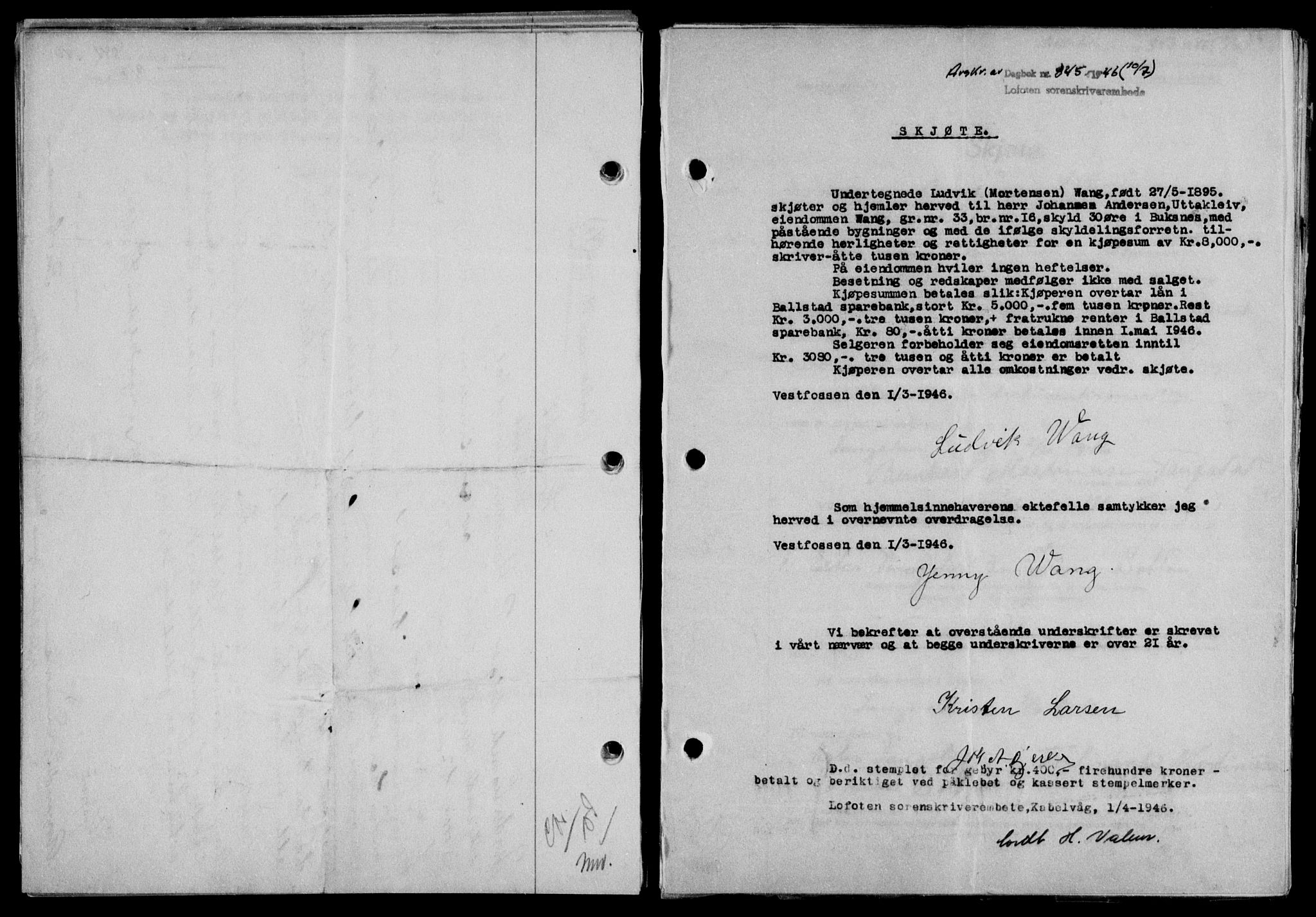 Lofoten sorenskriveri, SAT/A-0017/1/2/2C/L0014a: Mortgage book no. 14a, 1946-1946, Diary no: : 845/1946