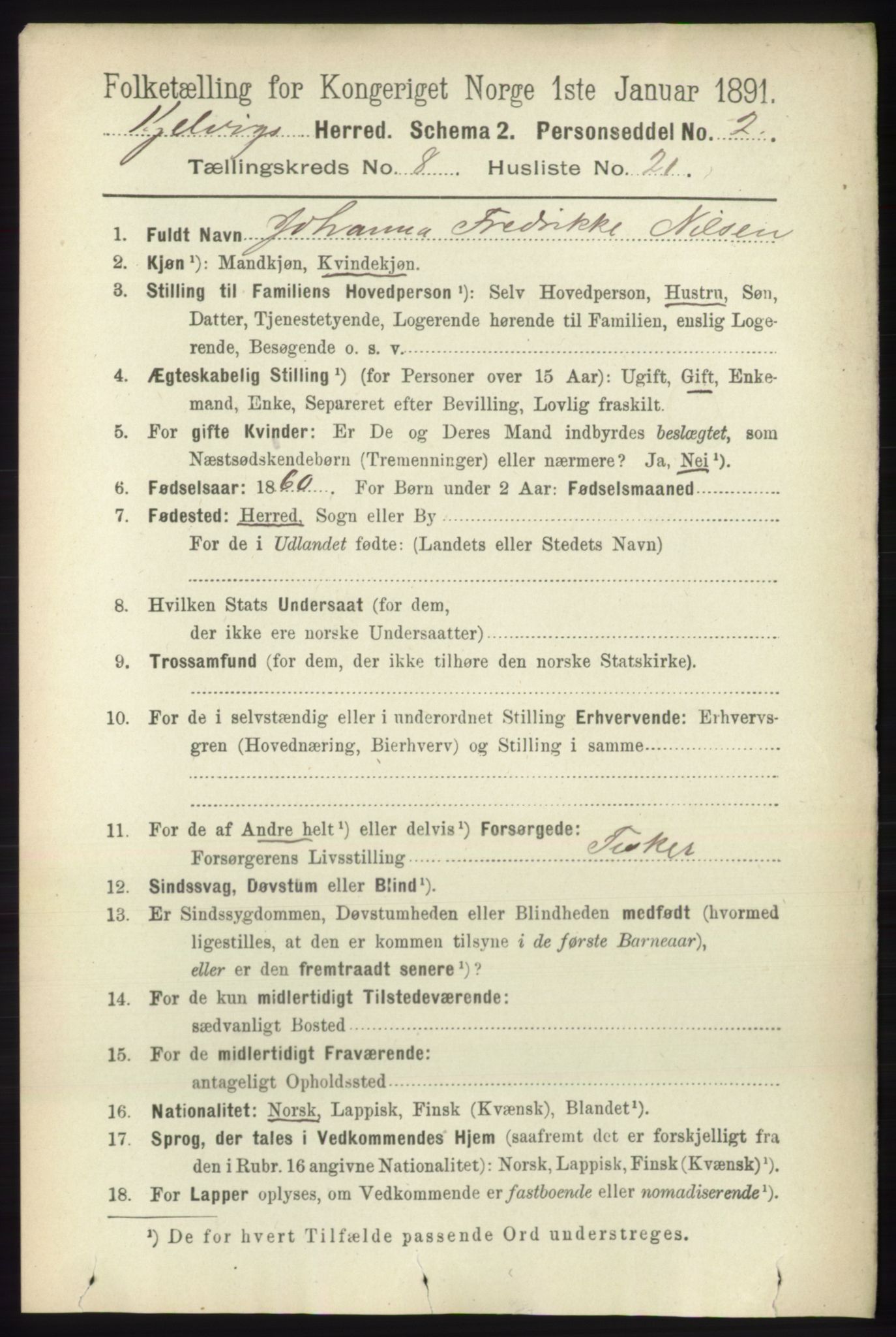 RA, 1891 census for 2019 Kjelvik, 1891, p. 1384