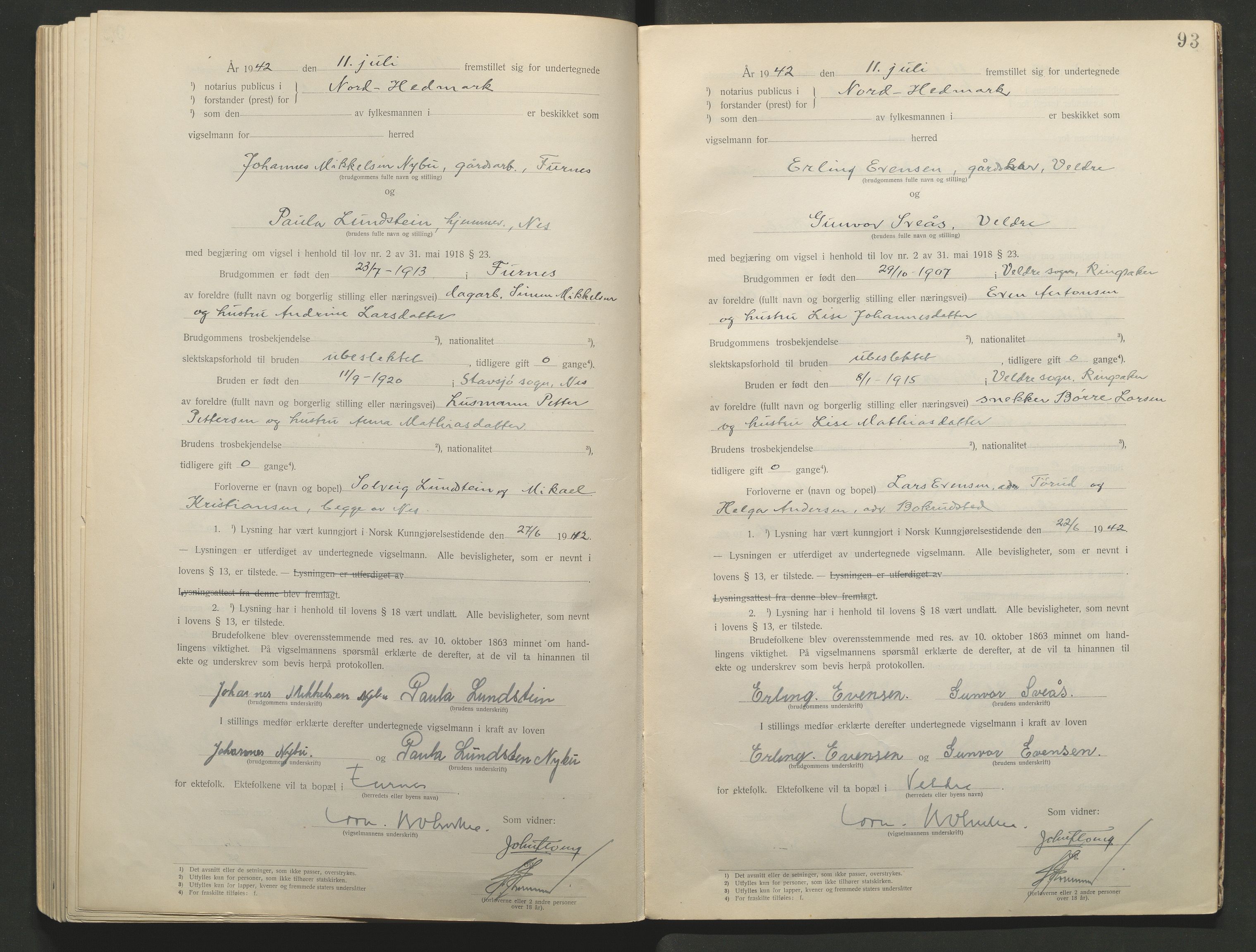 Nord-Hedmark sorenskriveri, AV/SAH-TING-012/L/Lc/L0001/0001: Vigselsprotokoller / Vigselsprotokoll, 1920-1942, p. 93